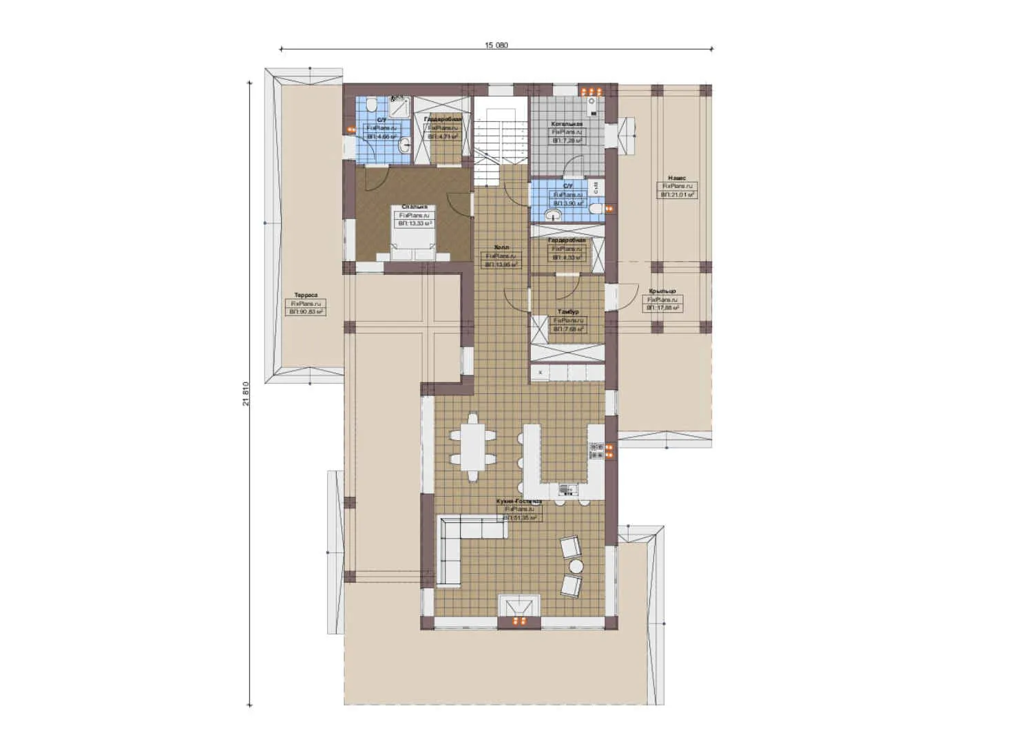 F-19682 - Планы дома с мансардой 16 на 22, площадью 350 м² с террасой, балконом и 4 спальнями