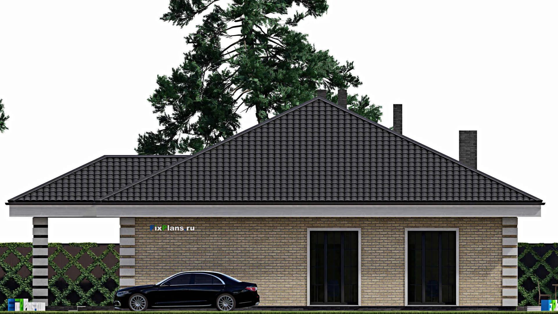 F-0953 - Проект одноэтажного дома 14 на 14, площадью 190 м² с террасой и 4 спальнями