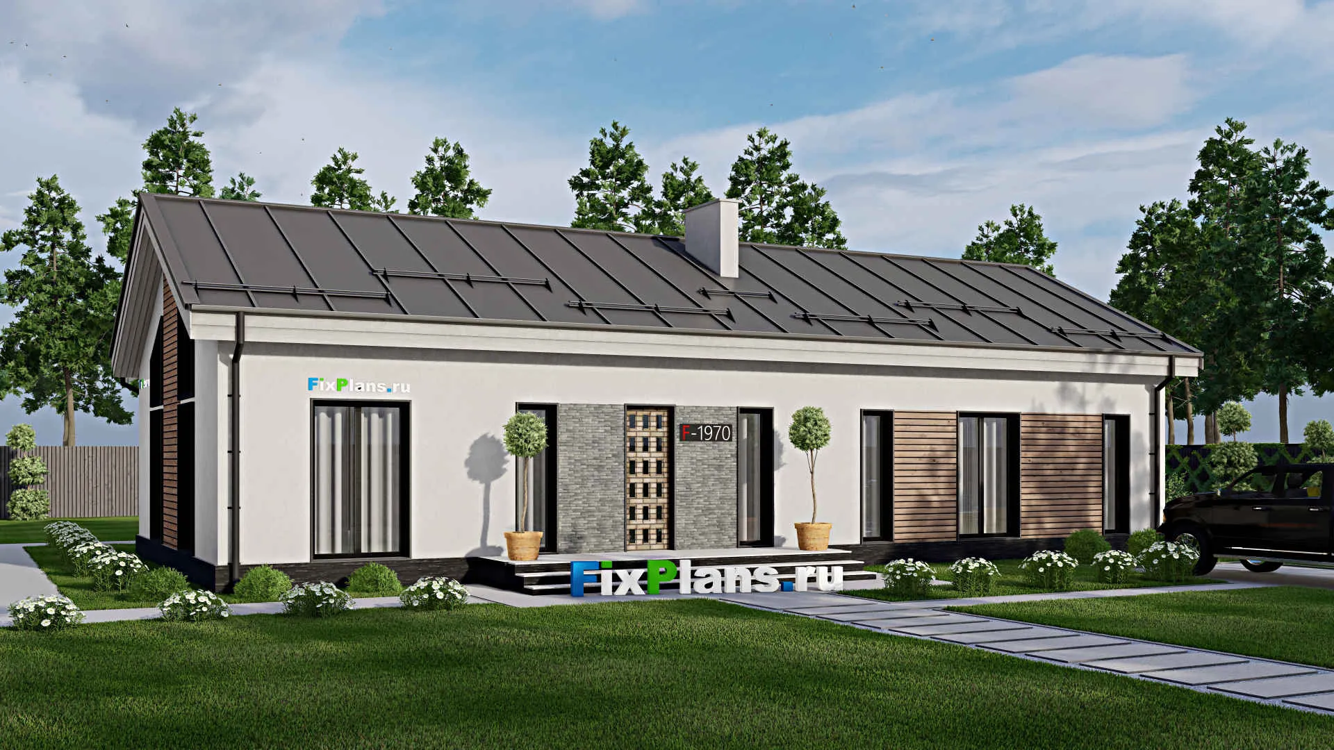 F-1970 - Проект одноэтажного дома 10 на 19, площадью 170 м² с террасой и 4 спальнями