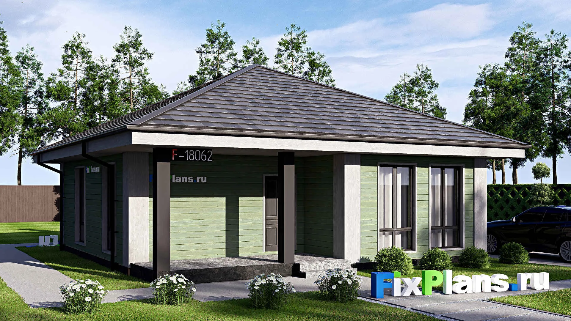 F-18062 - Проект одноэтажного дома 11 на 11, площадью 90 м² с 3 спальнями