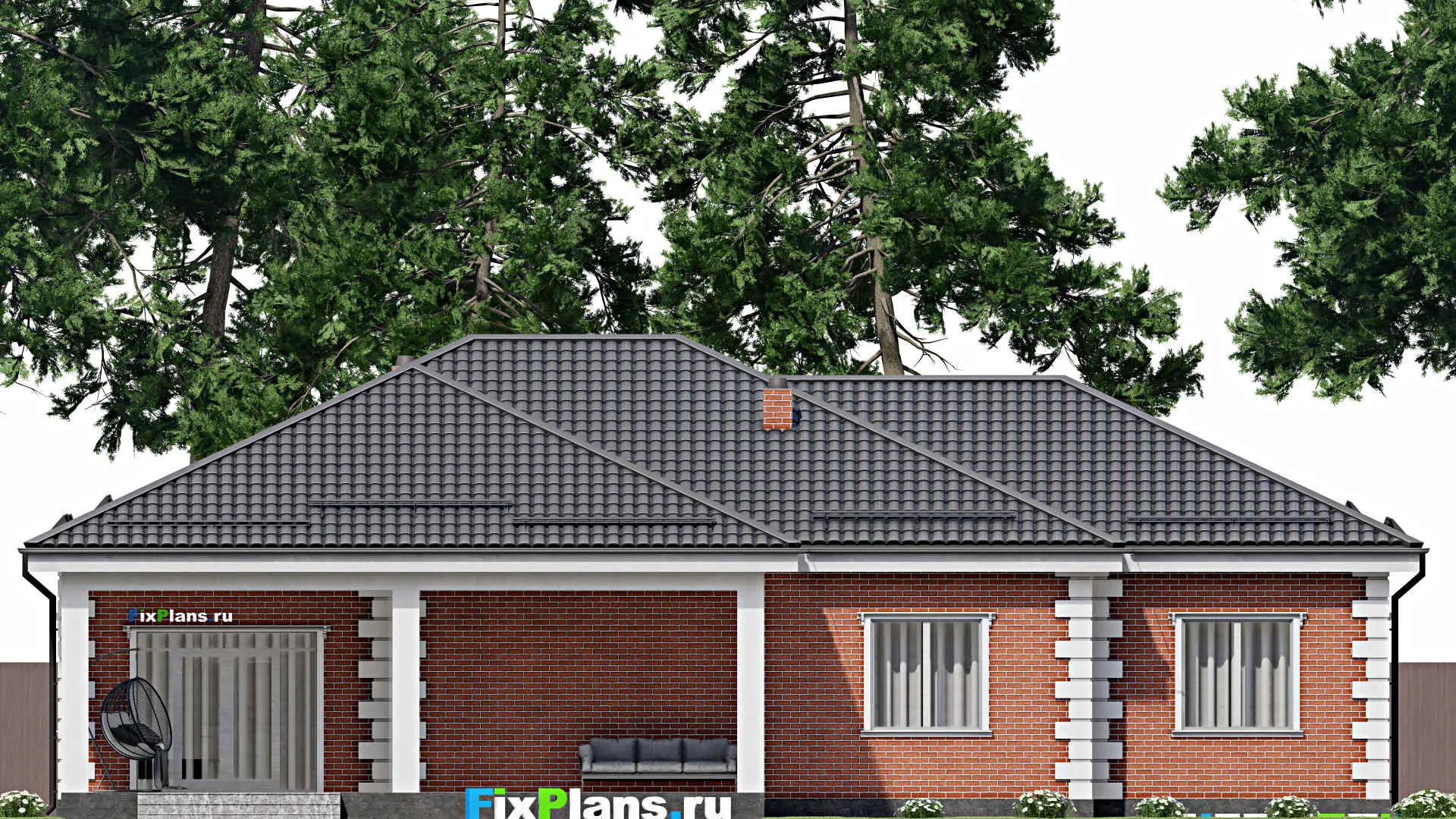 F-3410 - Проект одноэтажного дома 13 на 20, площадью 230 м² с террасой и 4 спальнями