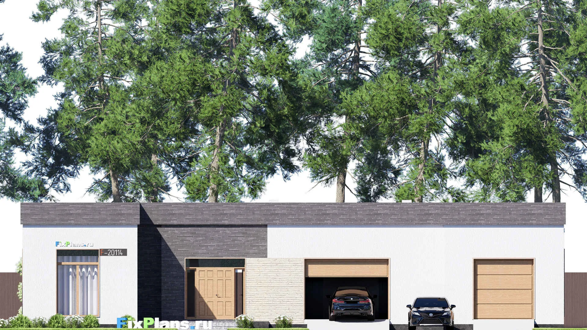 F-20114 - Проект одноэтажного дома 23 на 23, площадью 400 м² с террасой, гаражом на 2 машины и 3 спальнями