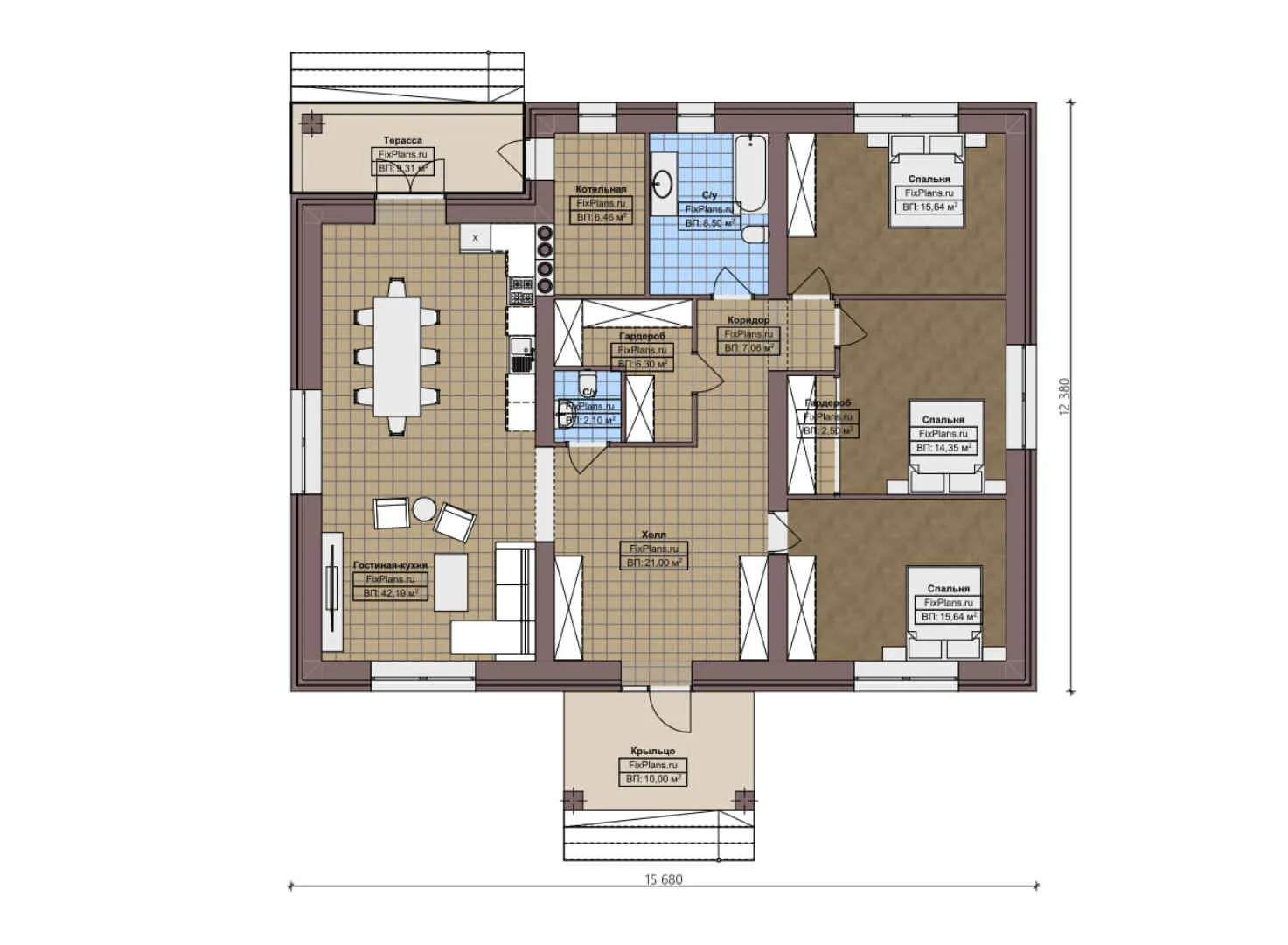 F-2123 - План одноэтажного дома 13 на 16, площадью 170 м² с террасой и 3 спальнями