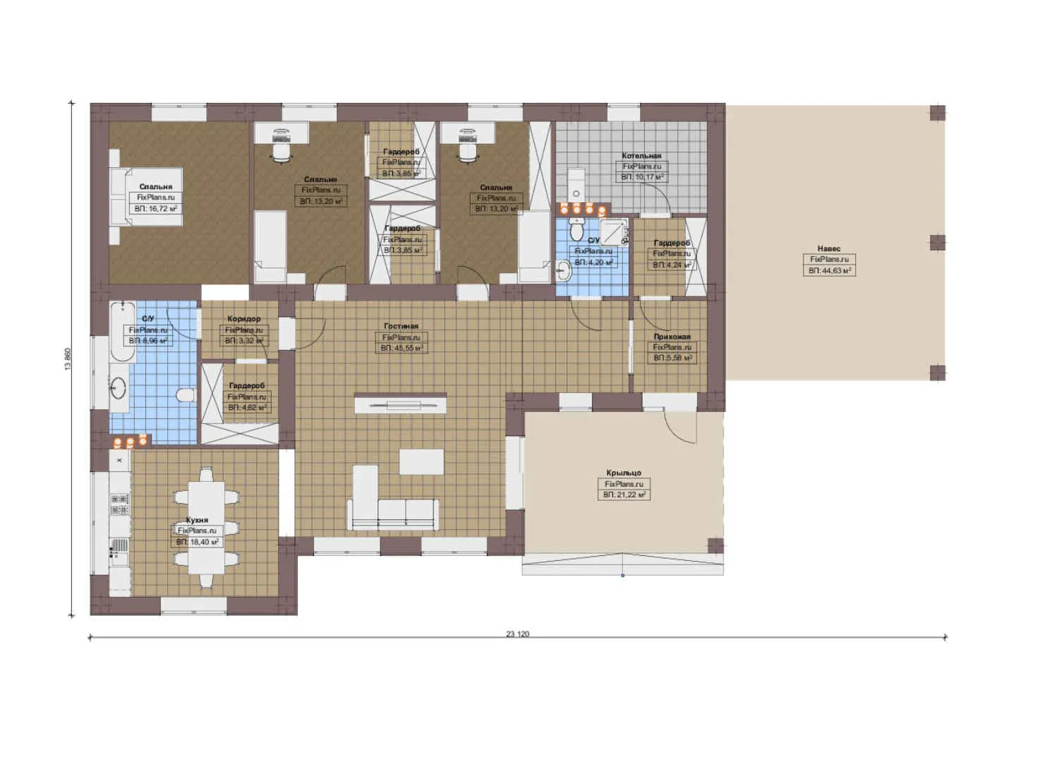 F-18836 - План одноэтажного дома 14 на 24, площадью 230 м² с 3 спальнями
