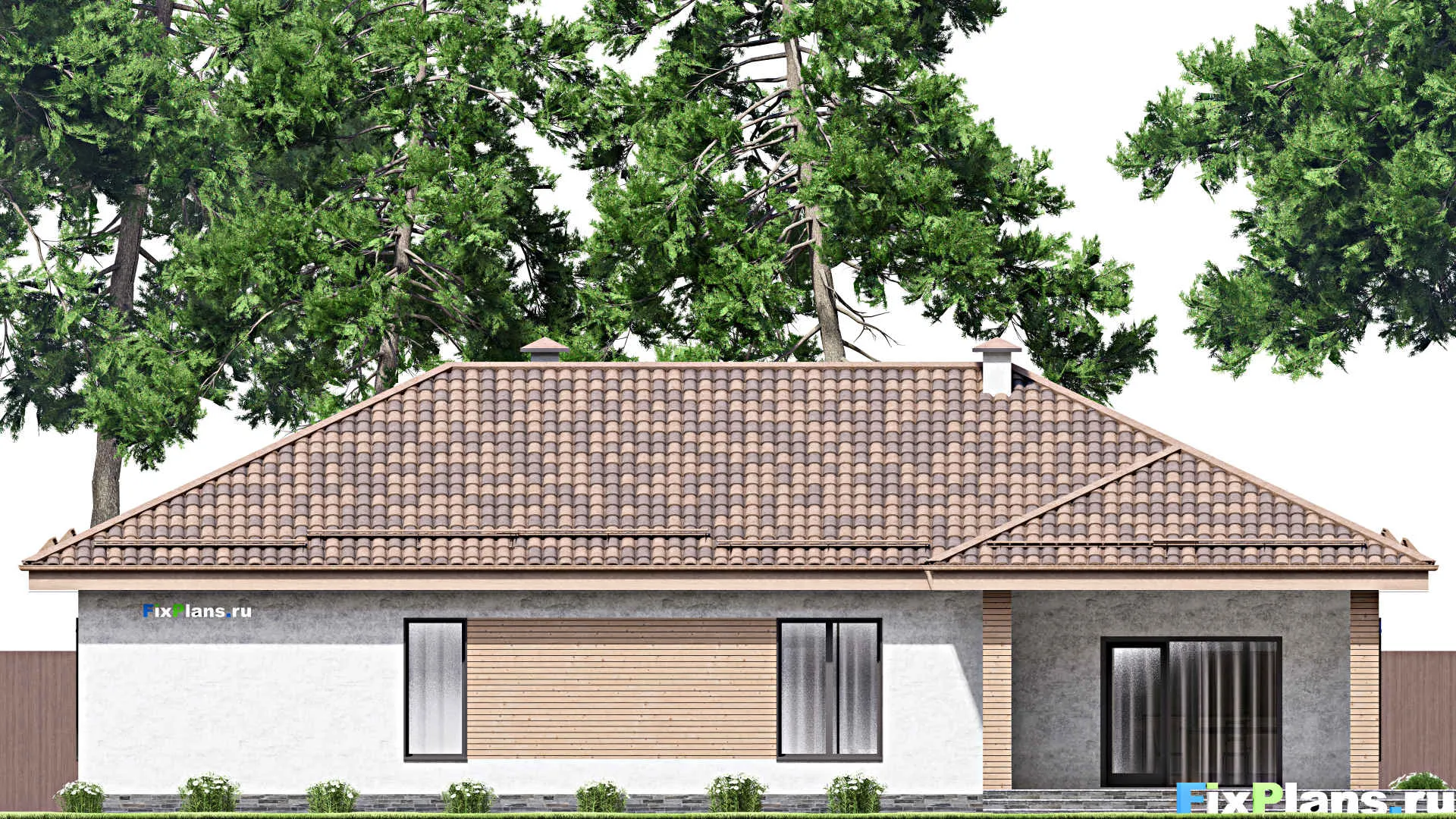 F-12572 - Проект одноэтажного дома 13 на 14, площадью 180 м² с террасой, гаражом на 2 машины и 2 спальнями