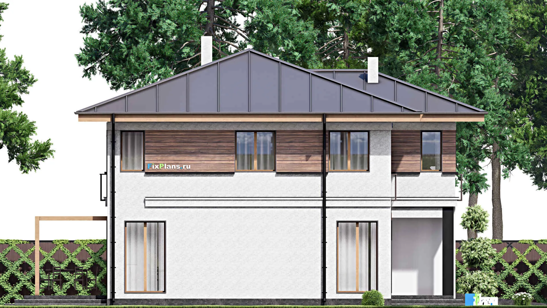 F-15929 - Проект двухэтажного дома 11 на 16, площадью 210 м² с террасой, гаражом на 1 машину и 3 спальнями