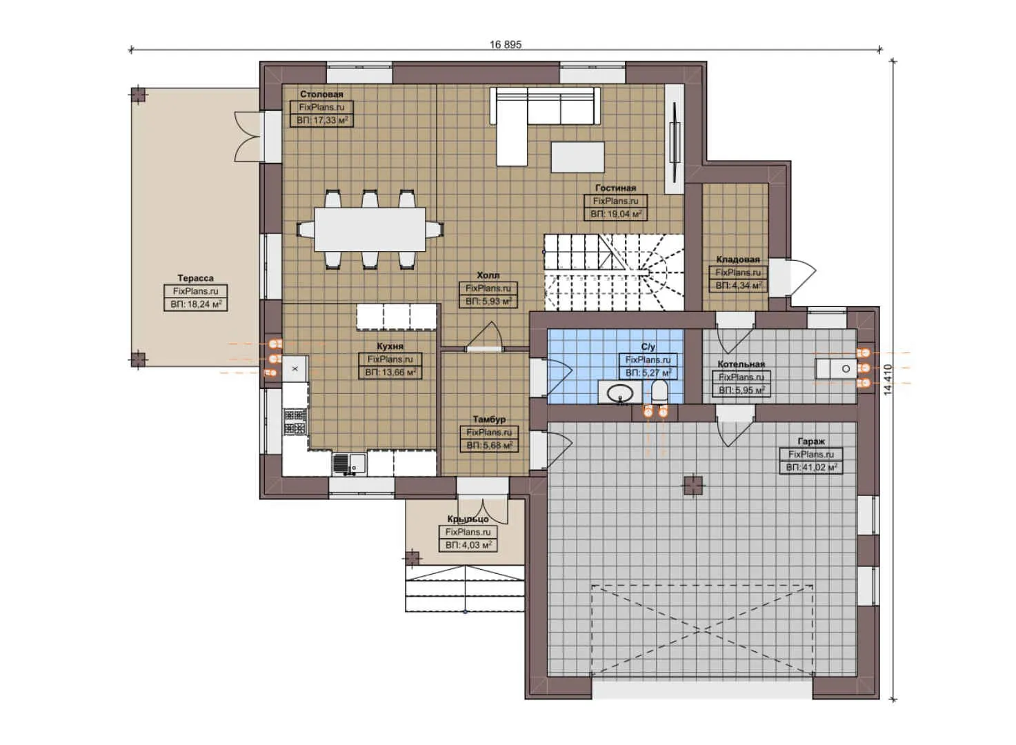 F-8567 - Планы двухэтажного дома 15 на 17, площадью 220 м² с террасой, гаражом на 2 машины и 4 спальнями