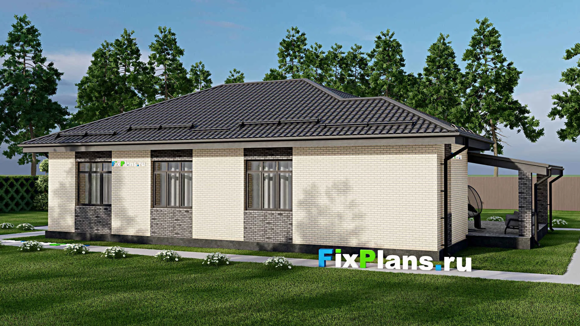 F-5453 - Проект одноэтажного дома 12 на 16, площадью 160 м² с террасой и 3 спальнями