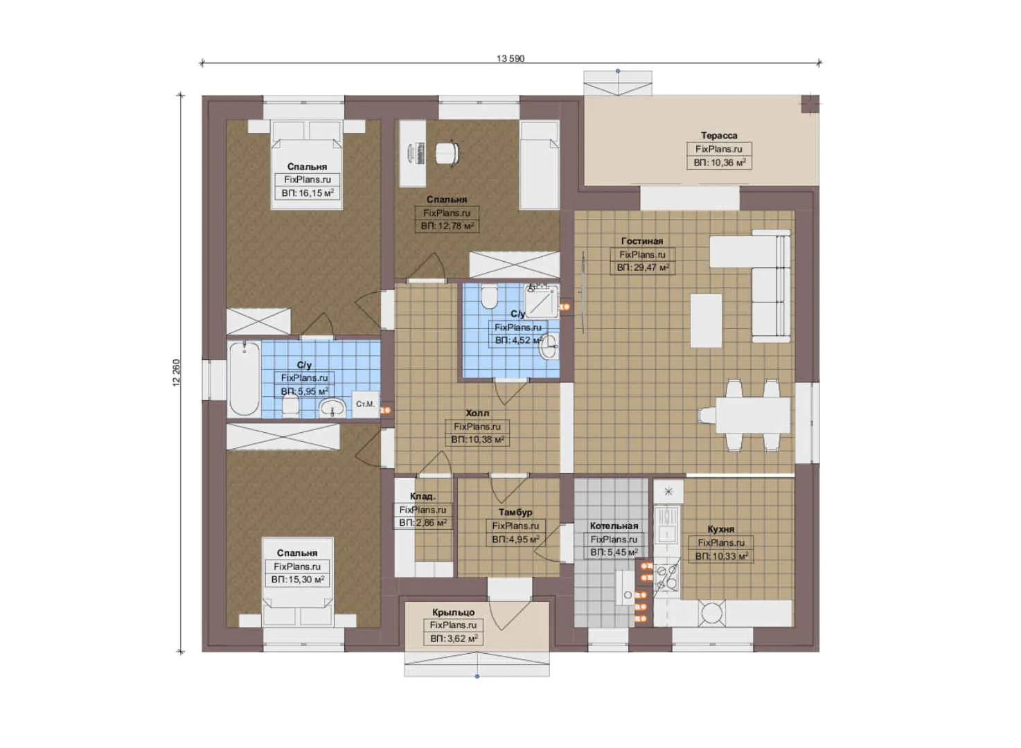 F-13679 - План одноэтажного дома 13 на 14, площадью 140 м² с террасой и 3 спальнями