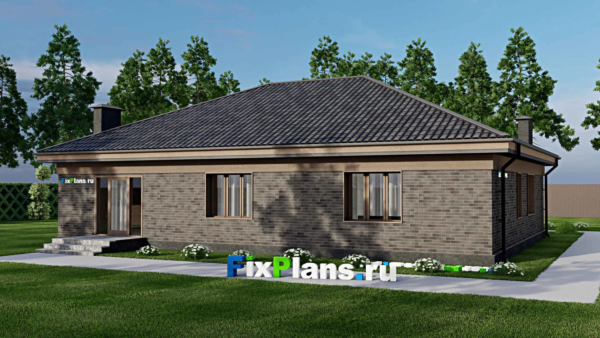 F-5822 - Проект одноэтажного дома 16 на 18, площадью 190 м² с гаражом на 2 машины и 3 спальнями