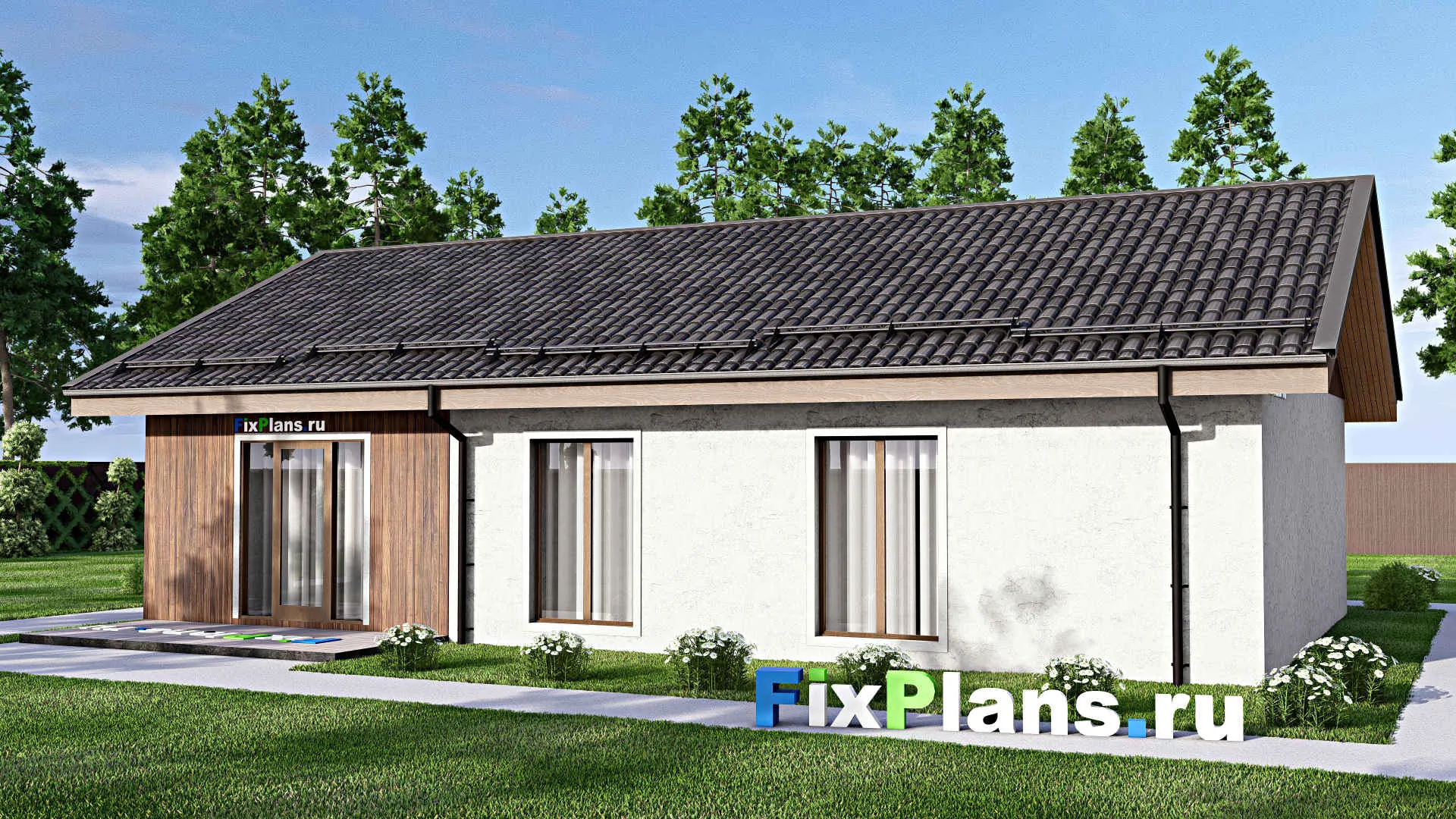 F-13031 - План одноэтажного дома 14 на 15, площадью 130 м² с террасой и 3 спальнями