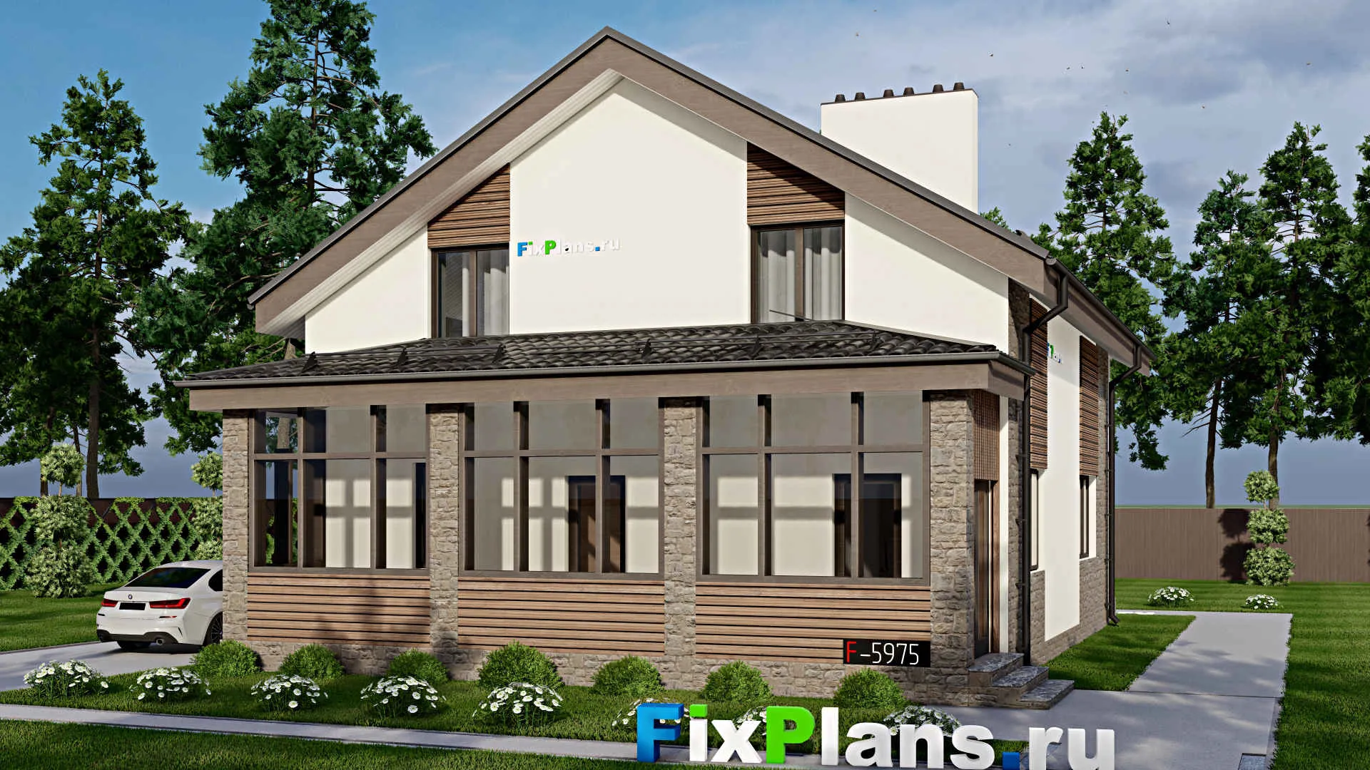 F-5975 - Проект дома с мансардой 11 на 11, площадью 210 м² с террасой, балконом и 3 спальнями