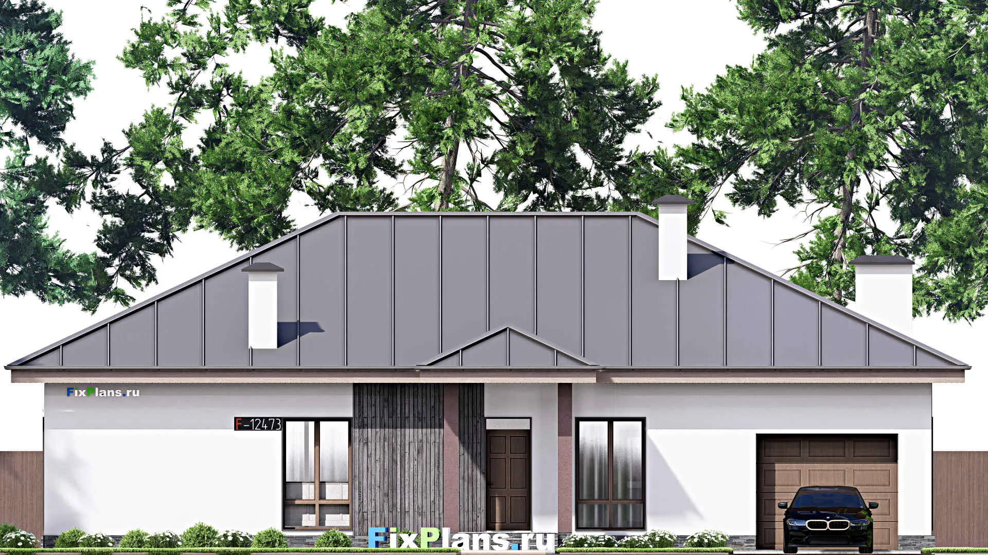 F-12473 - Проект одноэтажного дома 16 на 19, площадью 210 м² с террасой, гаражом на 1 машину и 2 спальнями