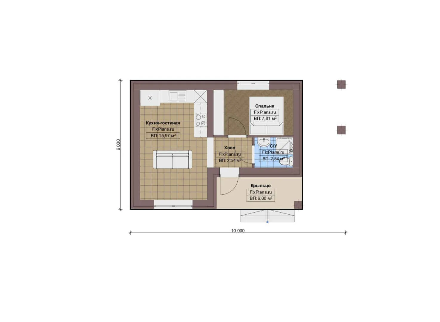 F-18413 - План одноэтажного дома 6 на 10, площадью 40 м² с 1 спальнями