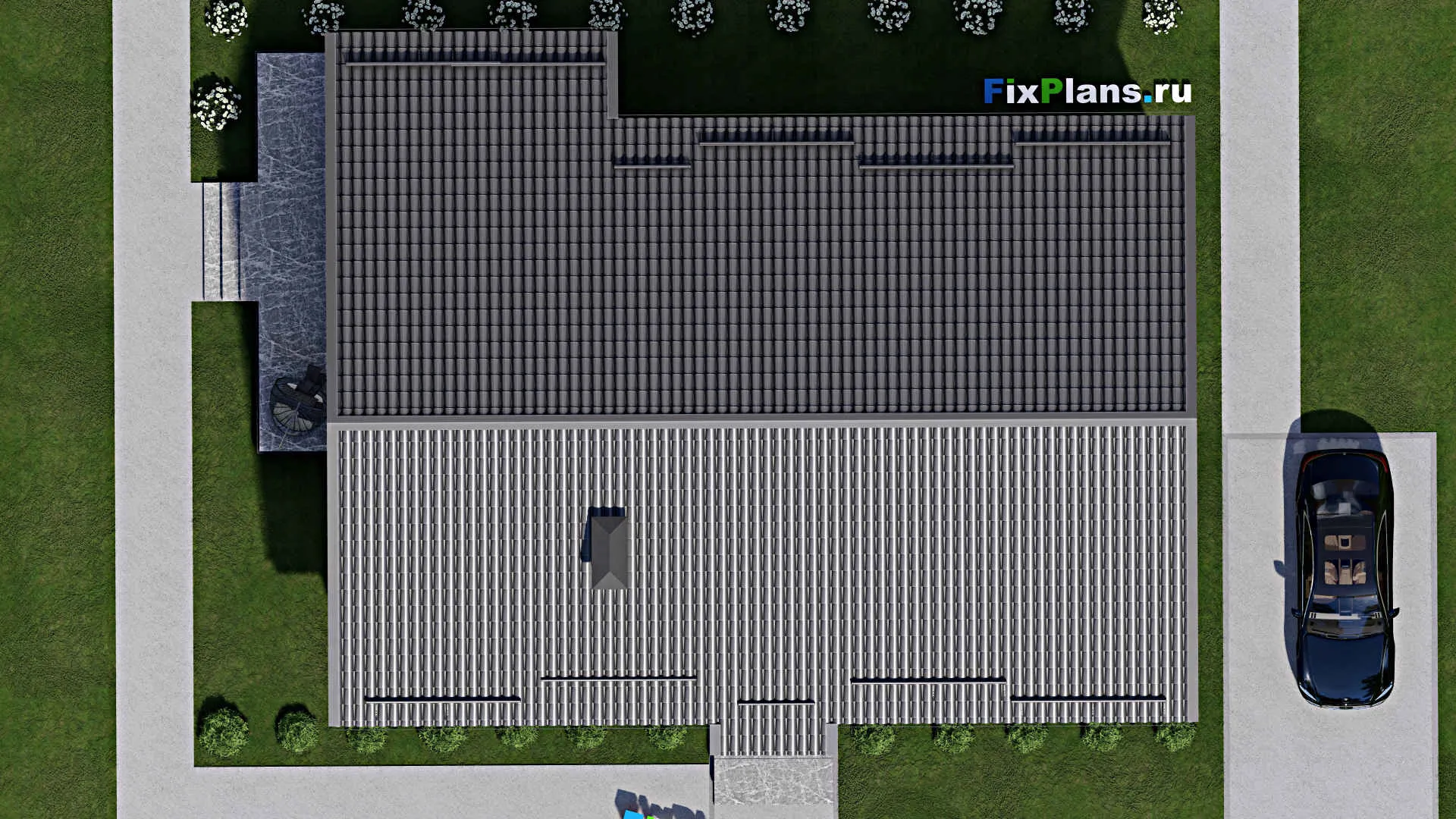 F-5291 - Проект одноэтажного дома 11 на 16, площадью 160 м² с террасой и 3 спальнями