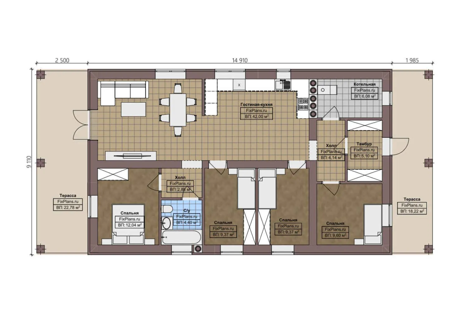 F-3419 - План одноэтажного дома 10 на 15, площадью 150 м² с террасой и 4 спальнями