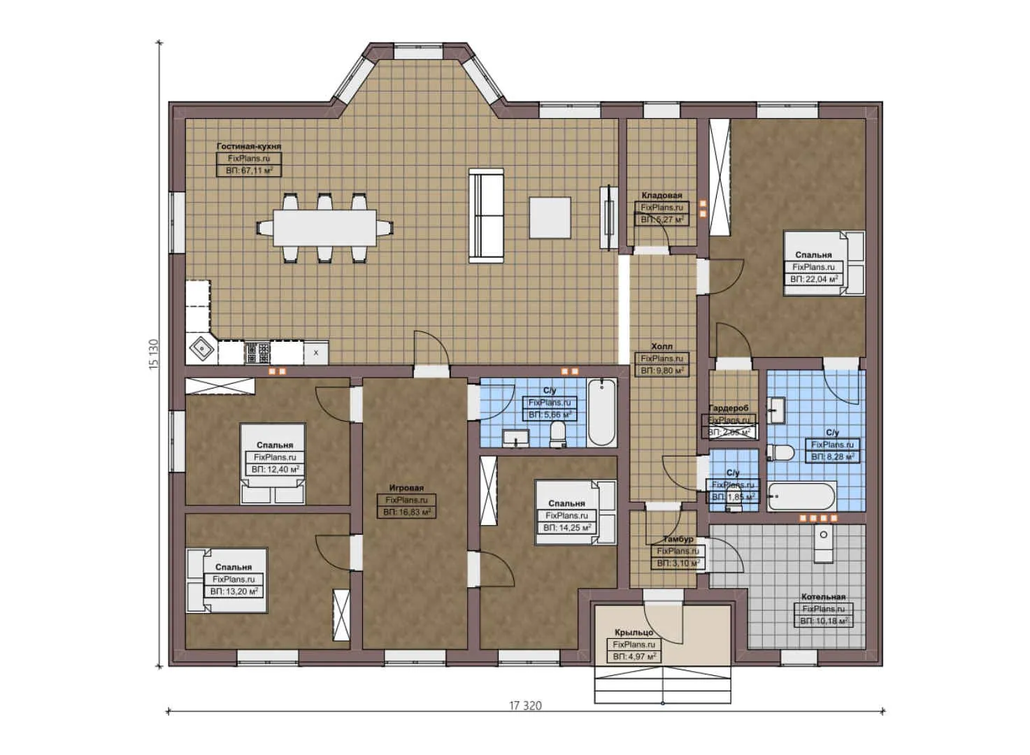 F-4094 - План одноэтажного дома 16 на 18, площадью 200 м² с 4 спальнями