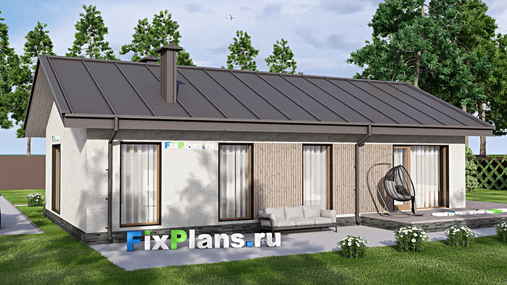 F-12599 - Проект одноэтажного дома 12 на 18, площадью 130 м² с террасой, баней и 3 спальнями