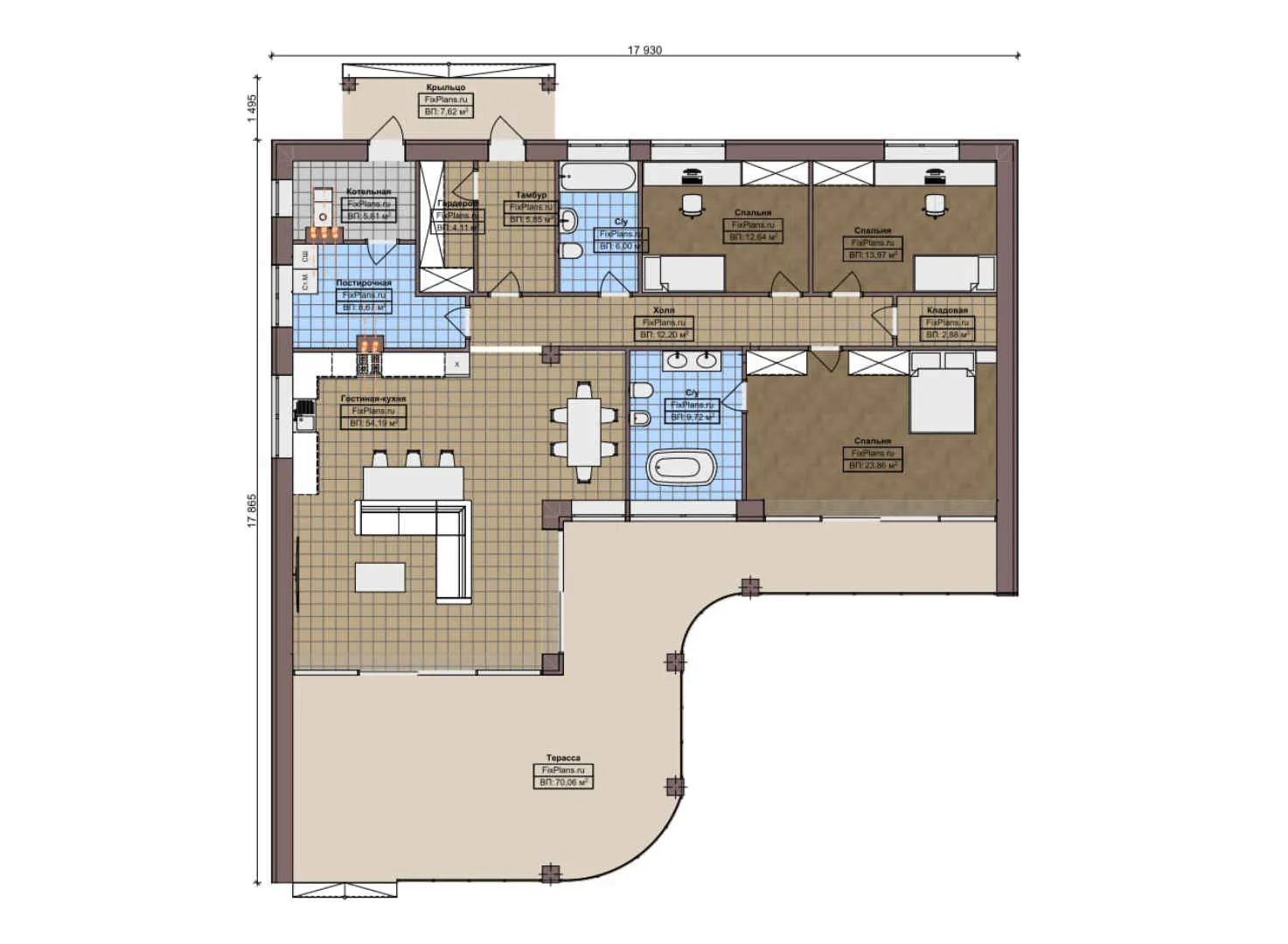 F-7073 - План одноэтажного дома 18 на 18, площадью 240 м² с террасой и 3 спальнями