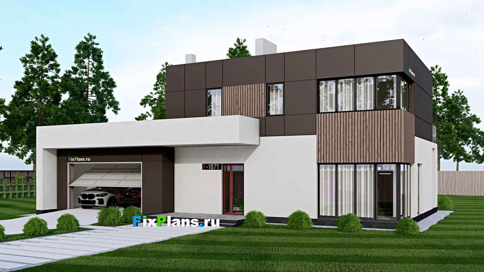 F-1871 - Проект двухэтажного дома 11 на 19, площадью 230 м² с террасой, балконом, гаражом на 2 машины и 4 спальнями
