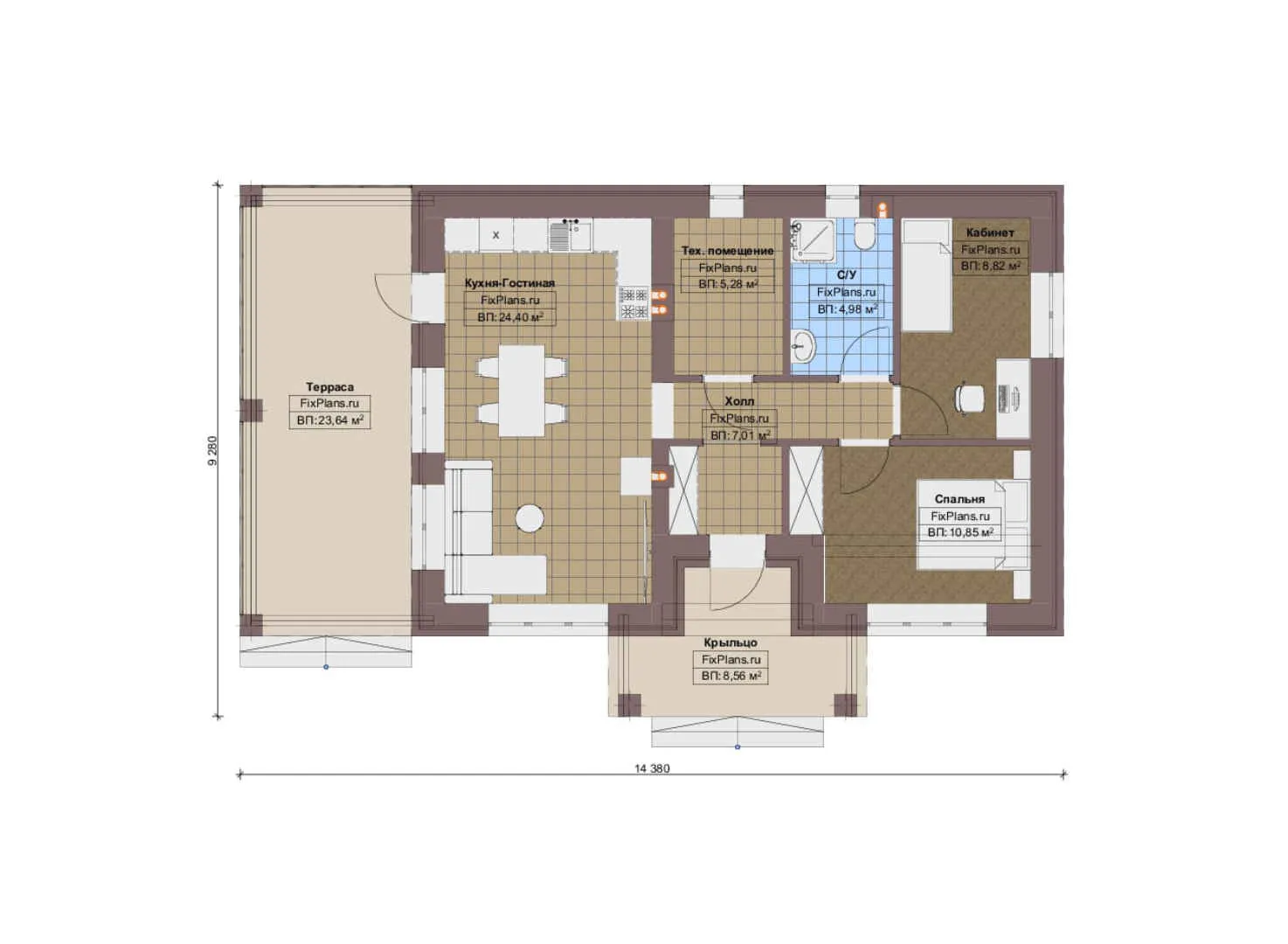 F-19043 - План одноэтажного дома 10 на 15, площадью 100 м² с террасой и 1 спальнями