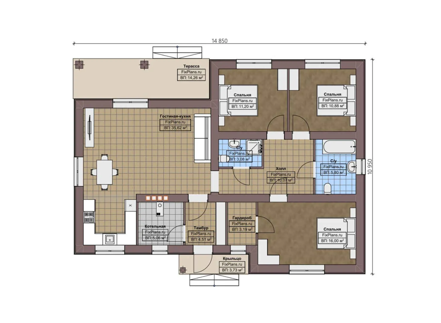 F-2645 - План одноэтажного дома 11 на 15, площадью 130 м² с террасой и 3 спальнями