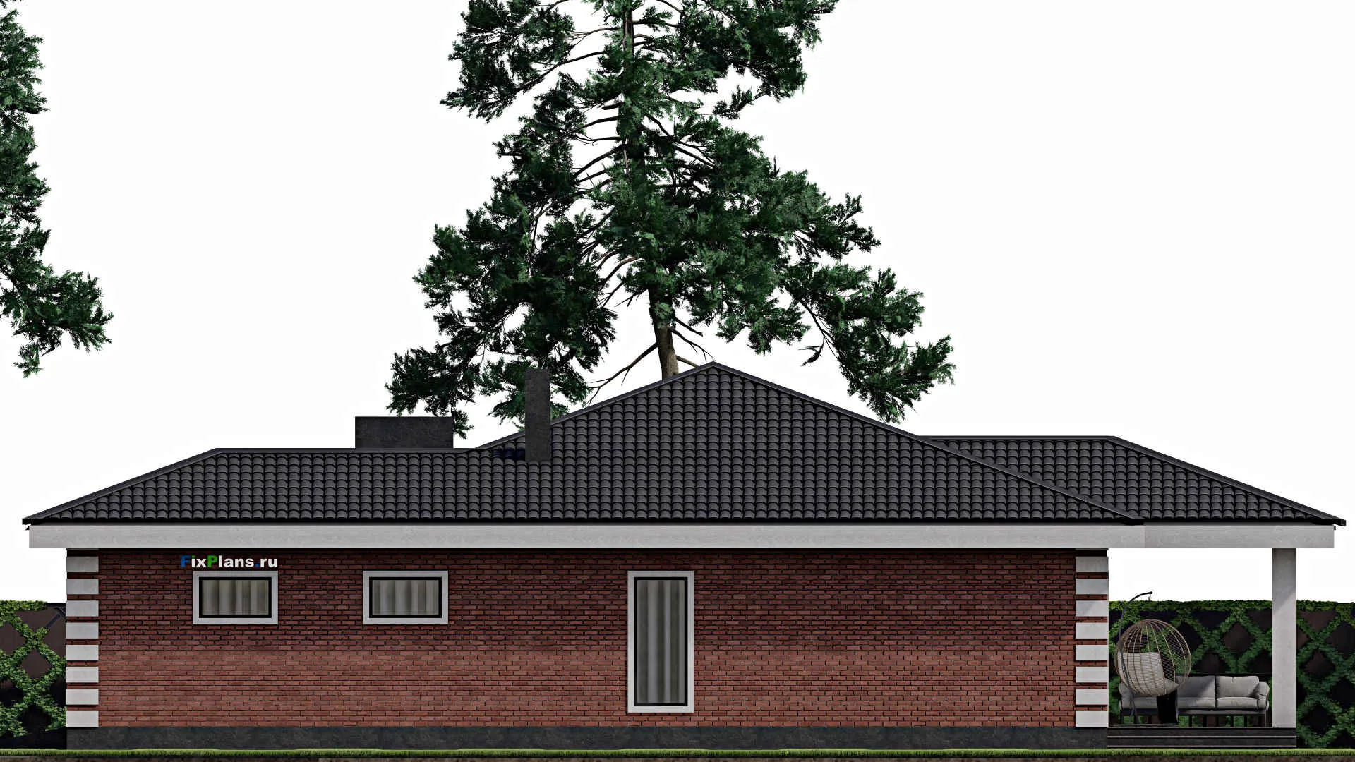 F-1718 - Проект одноэтажного дома 13 на 17, площадью 160 м² с террасой, гаражом на 1 машину и 2 спальнями