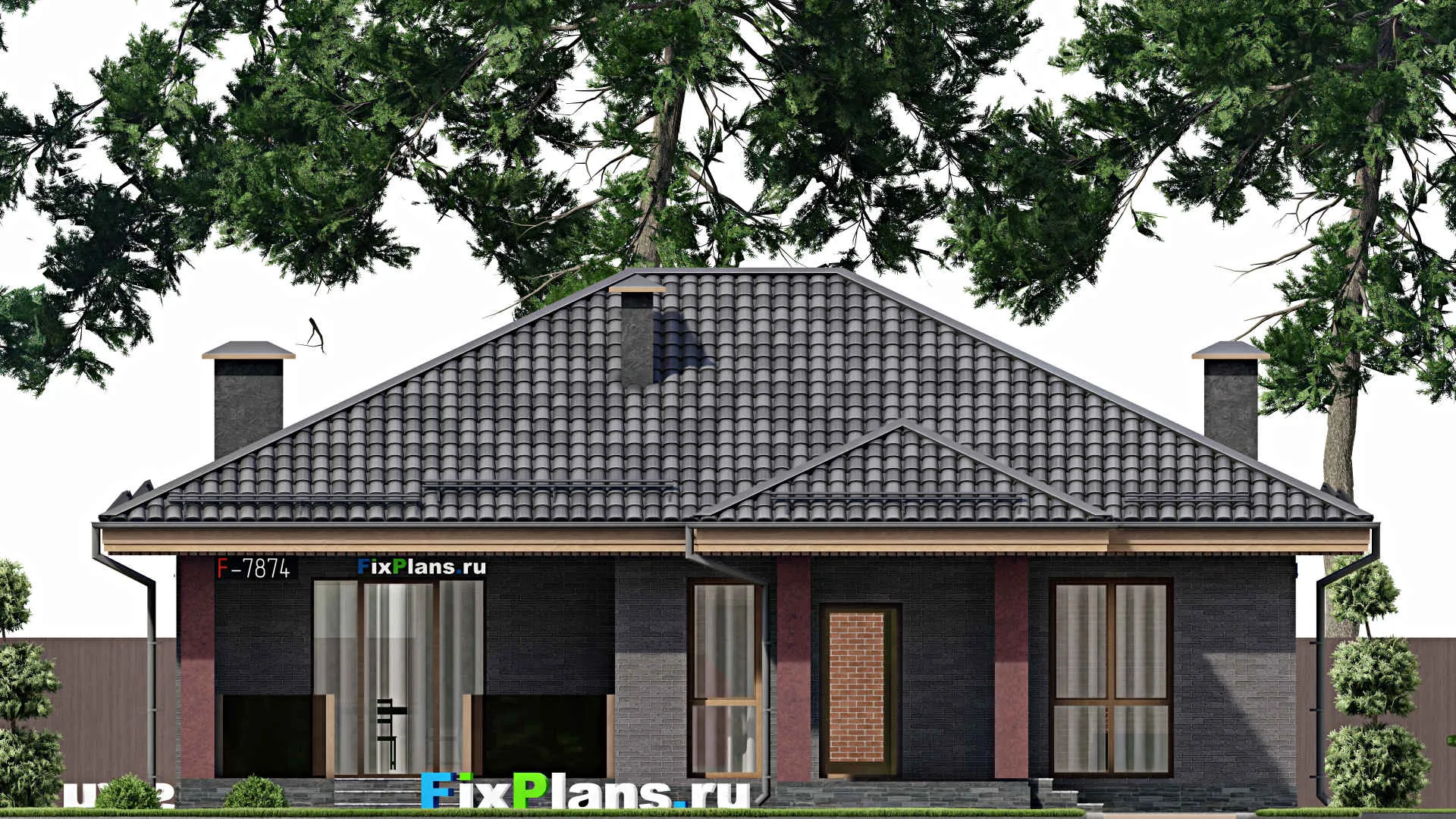 F-7874 - Проект одноэтажного дома 11 на 14, площадью 120 м² с террасой и 3 спальнями