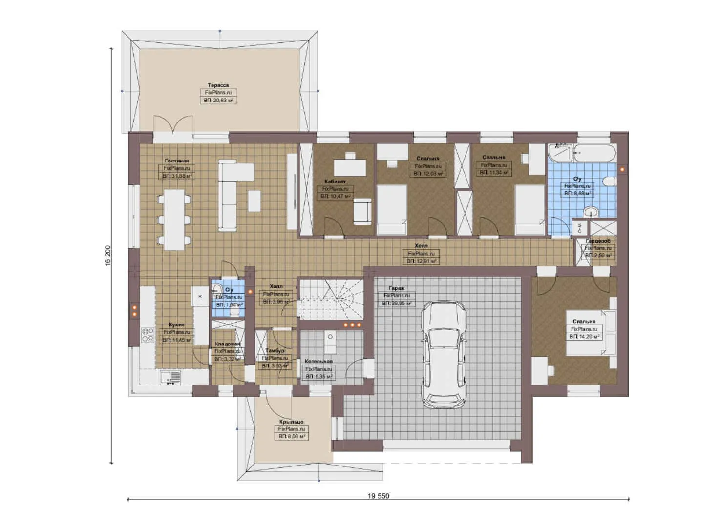 F-16631 - План одноэтажного дома 17 на 20, площадью 370 м² с террасой, гаражом на 2 машины и 3 спальнями