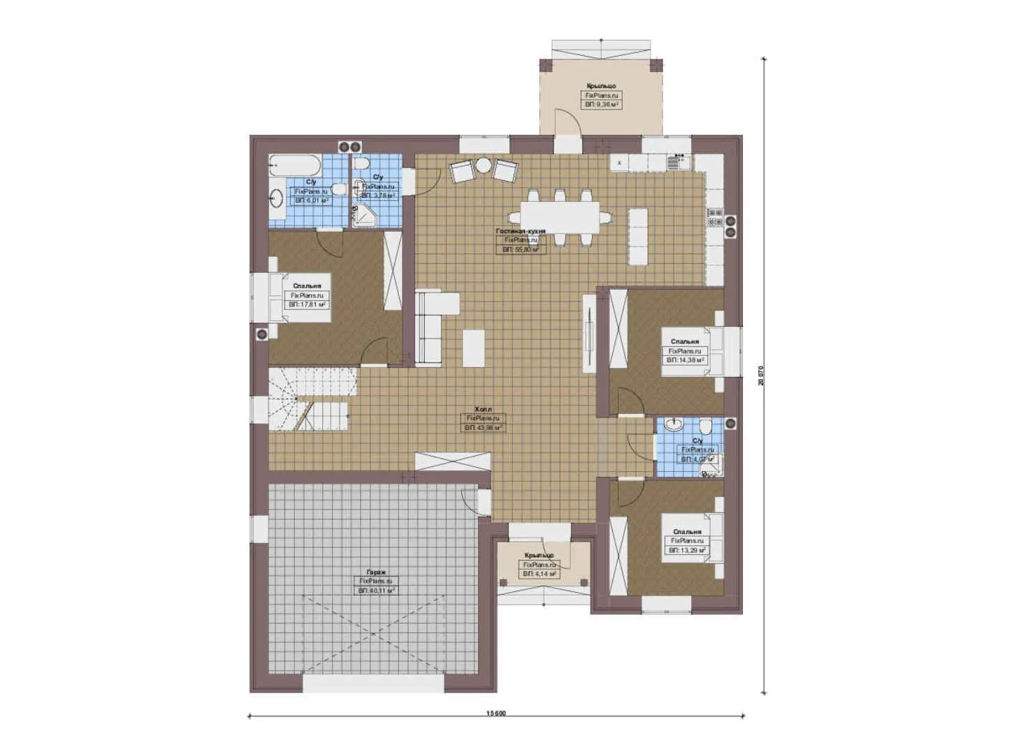 F-16919 - План одноэтажного дома 16 на 21, площадью 300 м² с гаражом на 2 машины и 5 спальнями