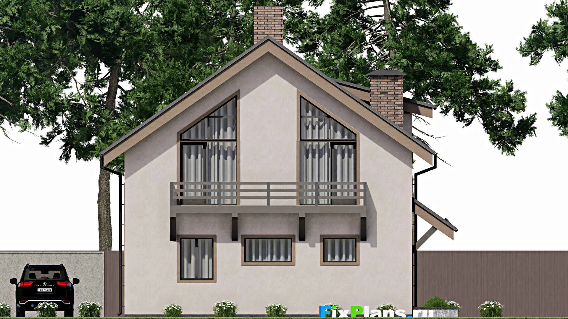 F-9674 - Планы дома с мансардой 12 на 15, площадью 230 м² с террасой, балконом и 4 спальнями