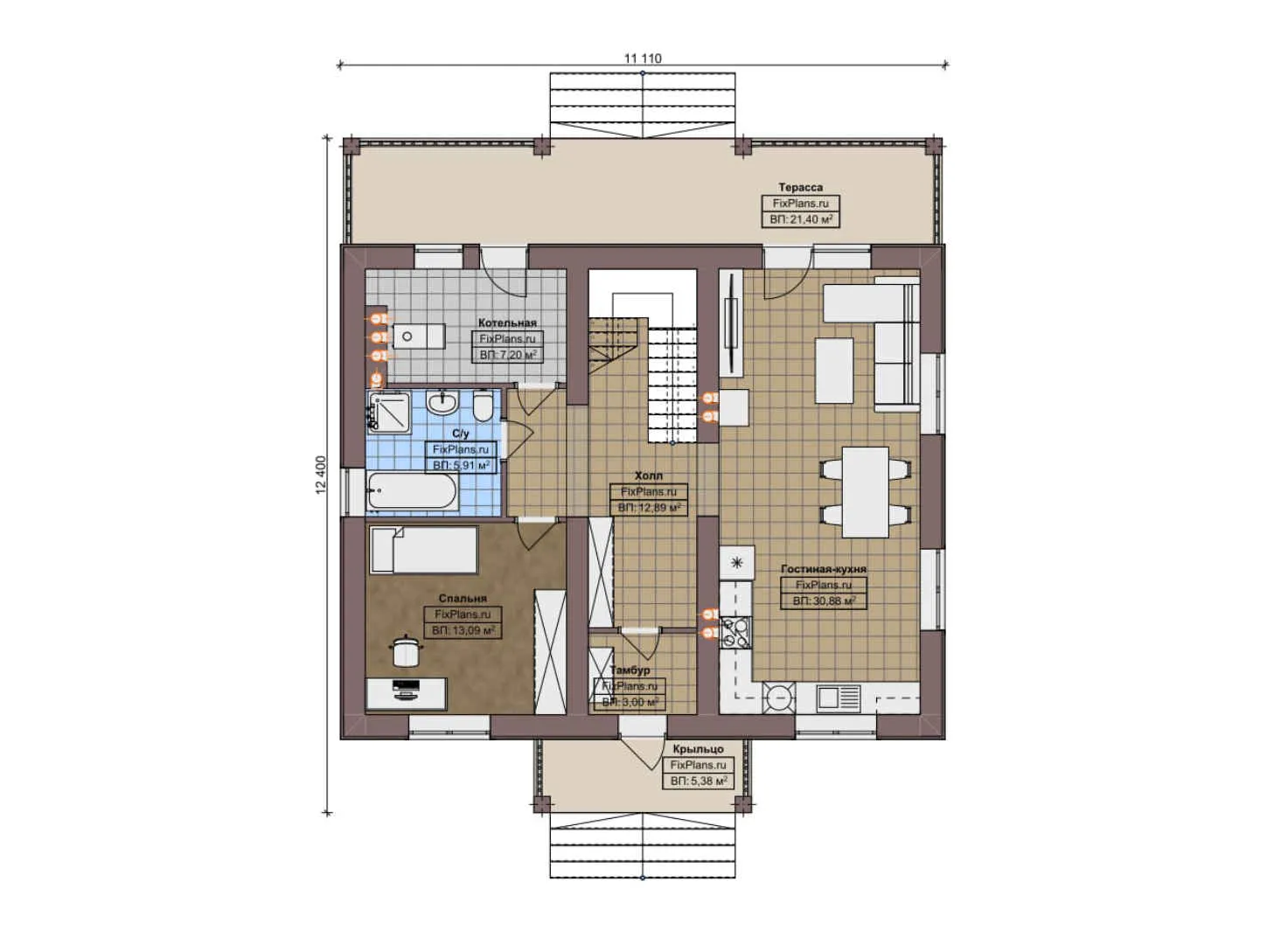 F-6398 - Планы дома с мансардой 12 на 13, площадью 160 м² с террасой и 3 спальнями