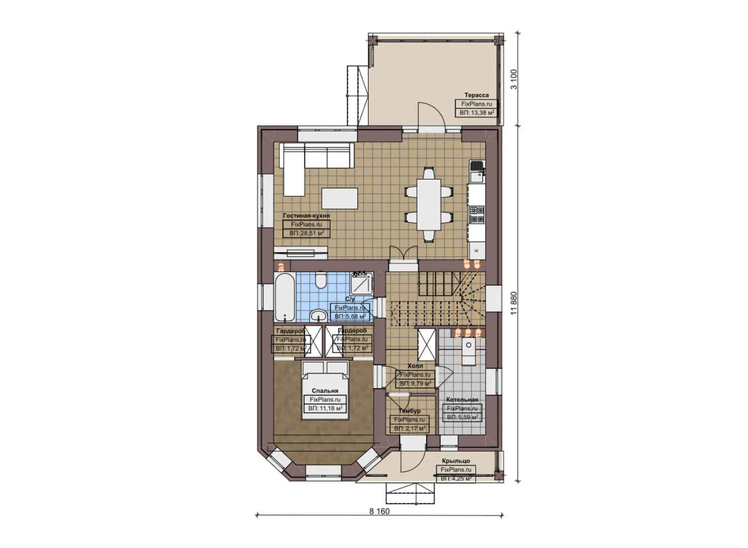 F-6479 - Планы дома с мансардой 9 на 12, площадью 150 м² с террасой, балконом и 5 спальнями