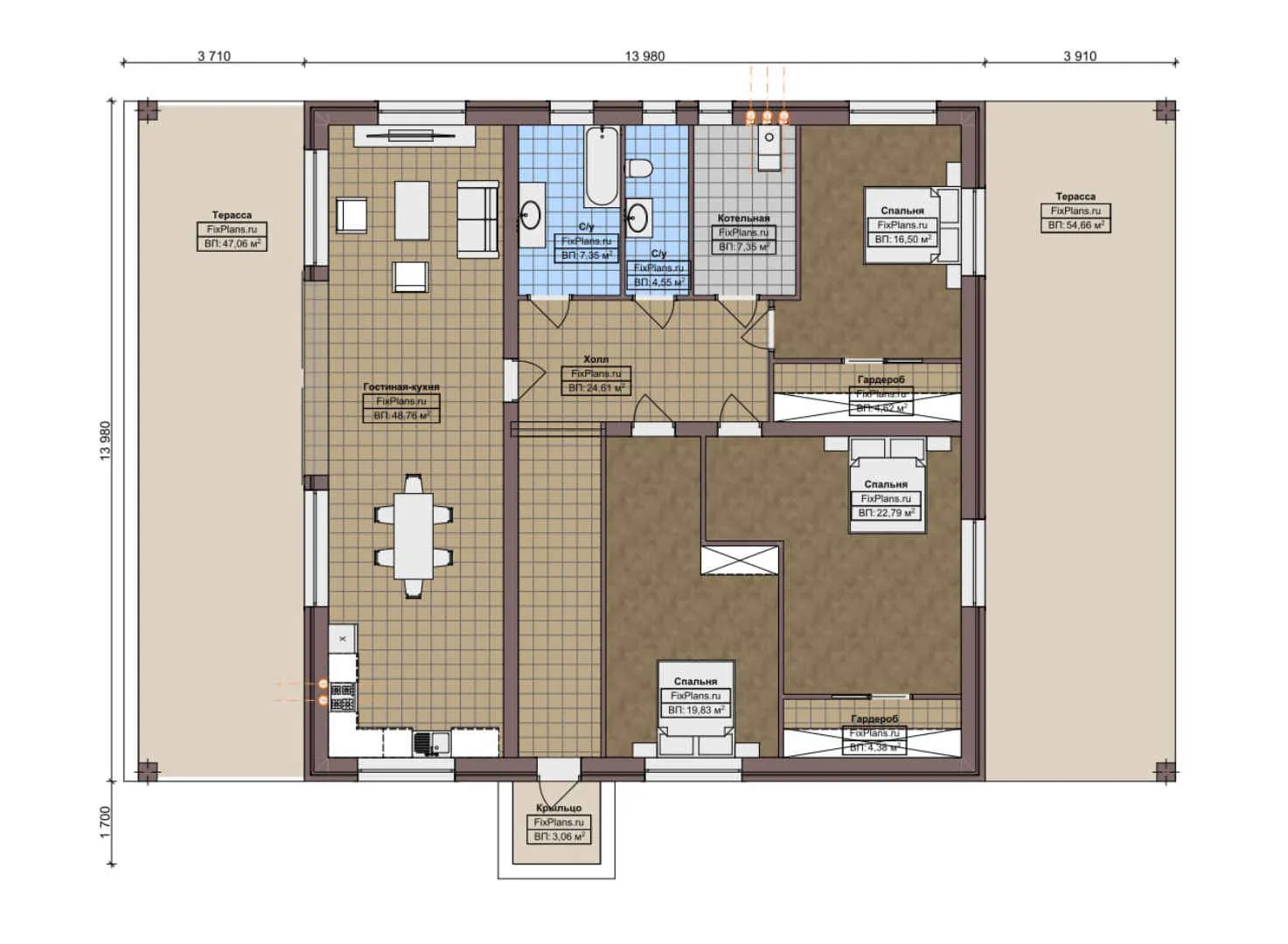 F-6839 - План одноэтажного дома 14 на 14, площадью 270 м² с террасой и 3 спальнями