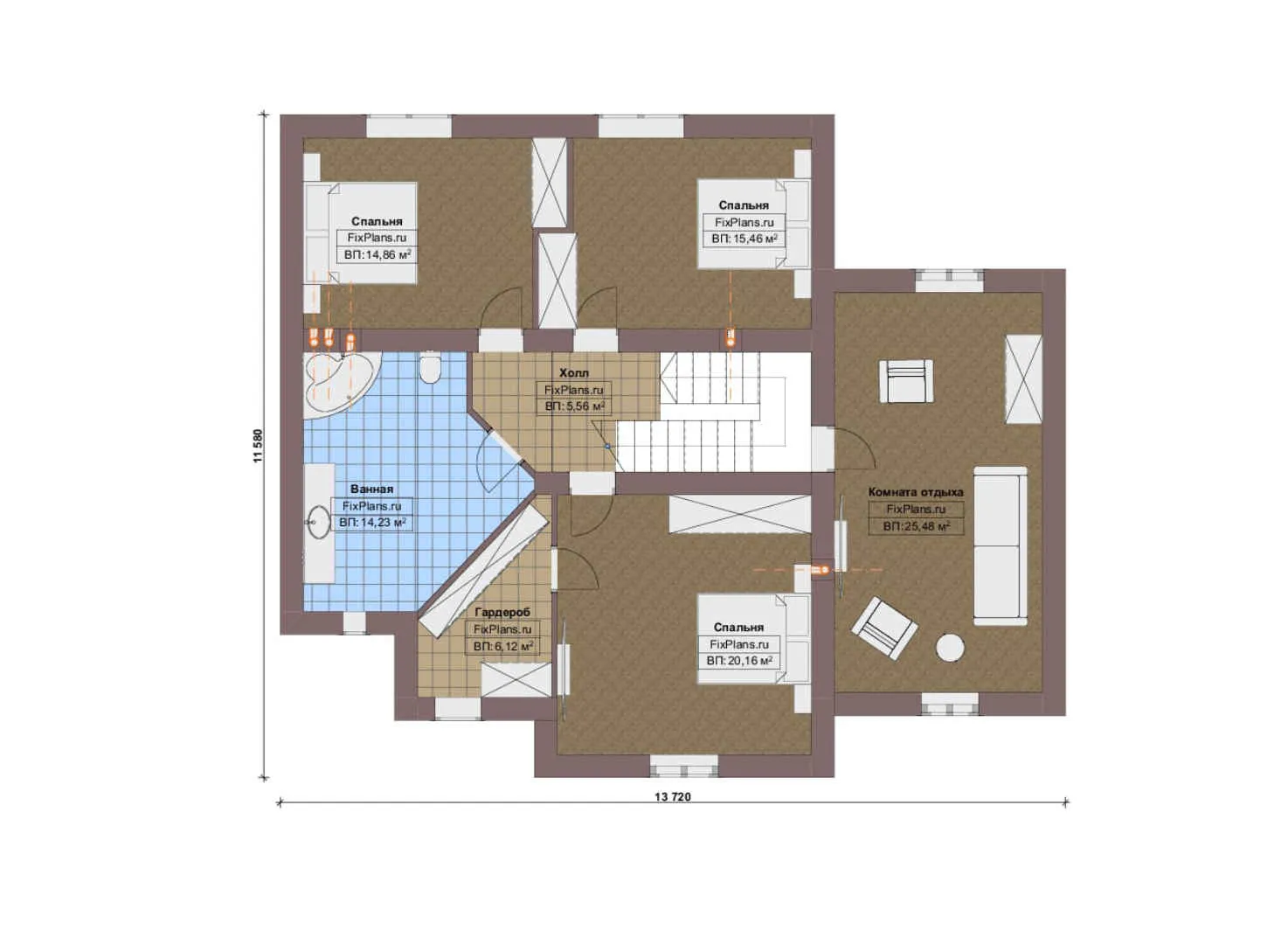 F-20222 - Планы дома с мансардой 13 на 15, площадью 220 м² с гаражом на 1 машину и 3 спальнями