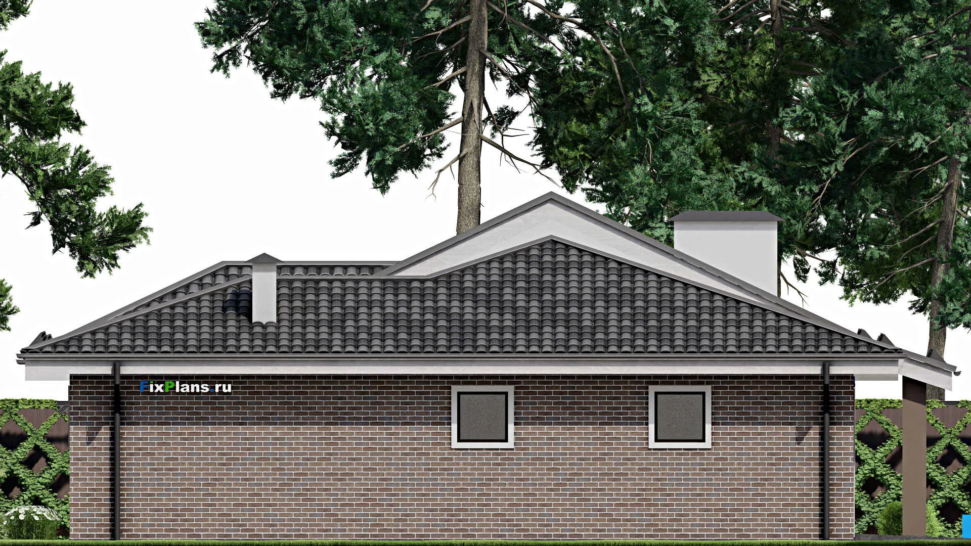 F-8477 - План одноэтажного дома 15 на 23, площадью 230 м² с террасой, гаражом на 2 машины и 3 спальнями