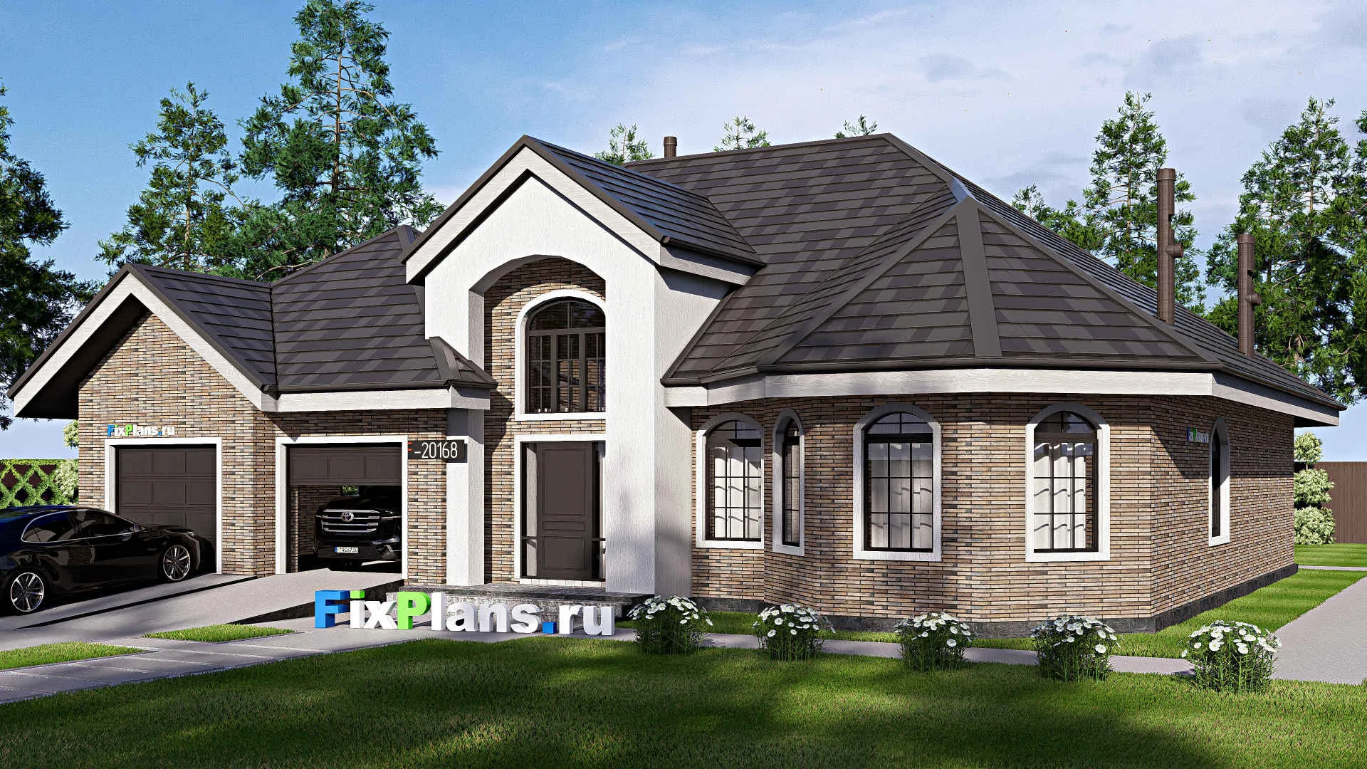 F-20168 - Проект одноэтажного дома 16 на 19, площадью 200 м² с гаражом на 2 машины и 3 спальнями