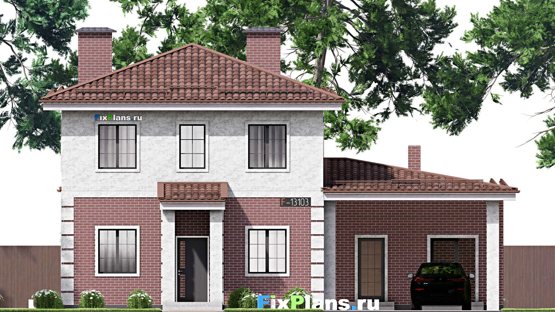 F-13103 - Проект двухэтажного дома 15 на 16, площадью 220 м² с террасой, гаражом на 2 машины и 4 спальнями