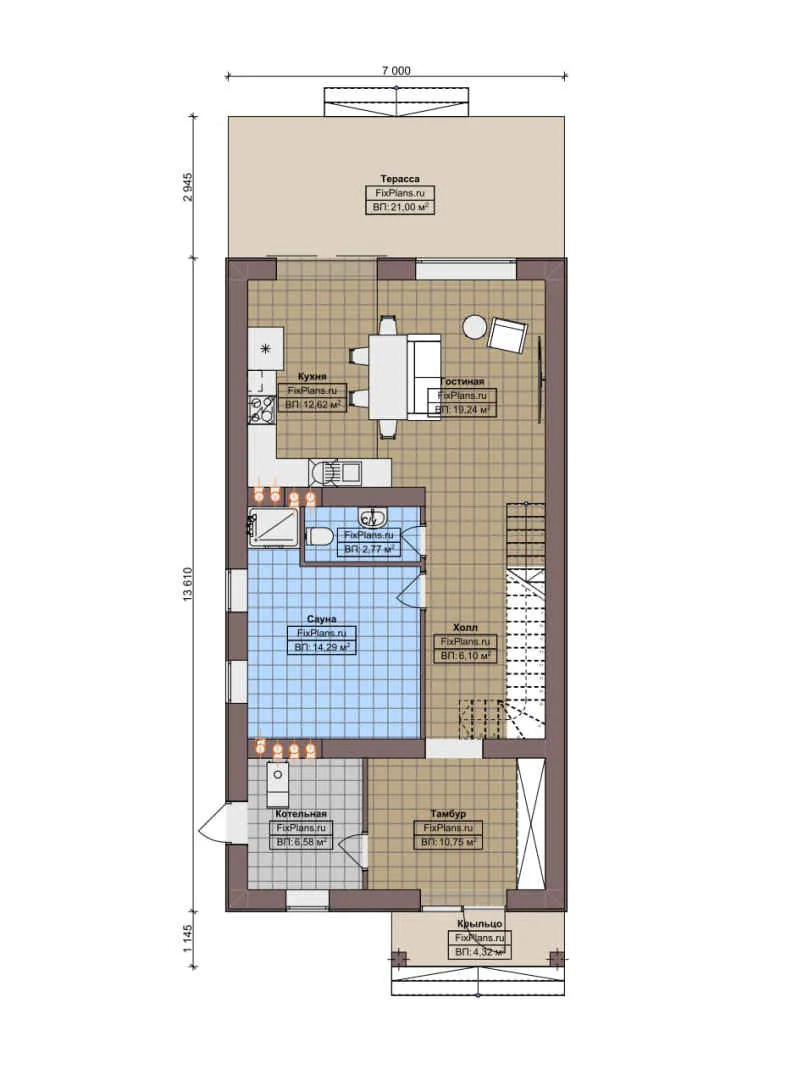 F-7721 - Планы дома с мансардой 7 на 14, площадью 160 м² с террасой и 3 спальнями