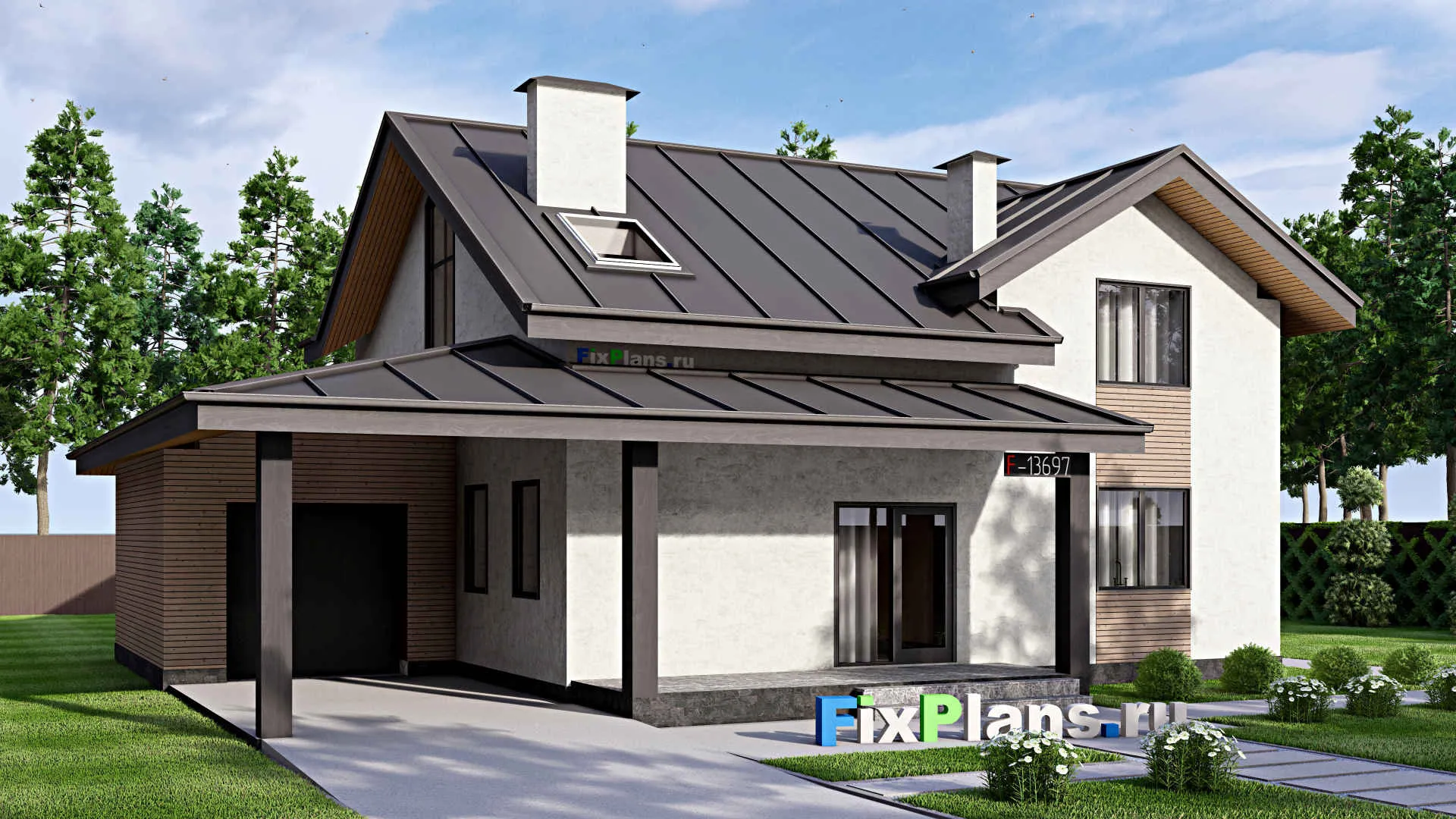 F-13697 - Проект дома с мансардой 16 на 17, площадью 280 м² с террасой, гаражом на 1 машину и 4 спальнями