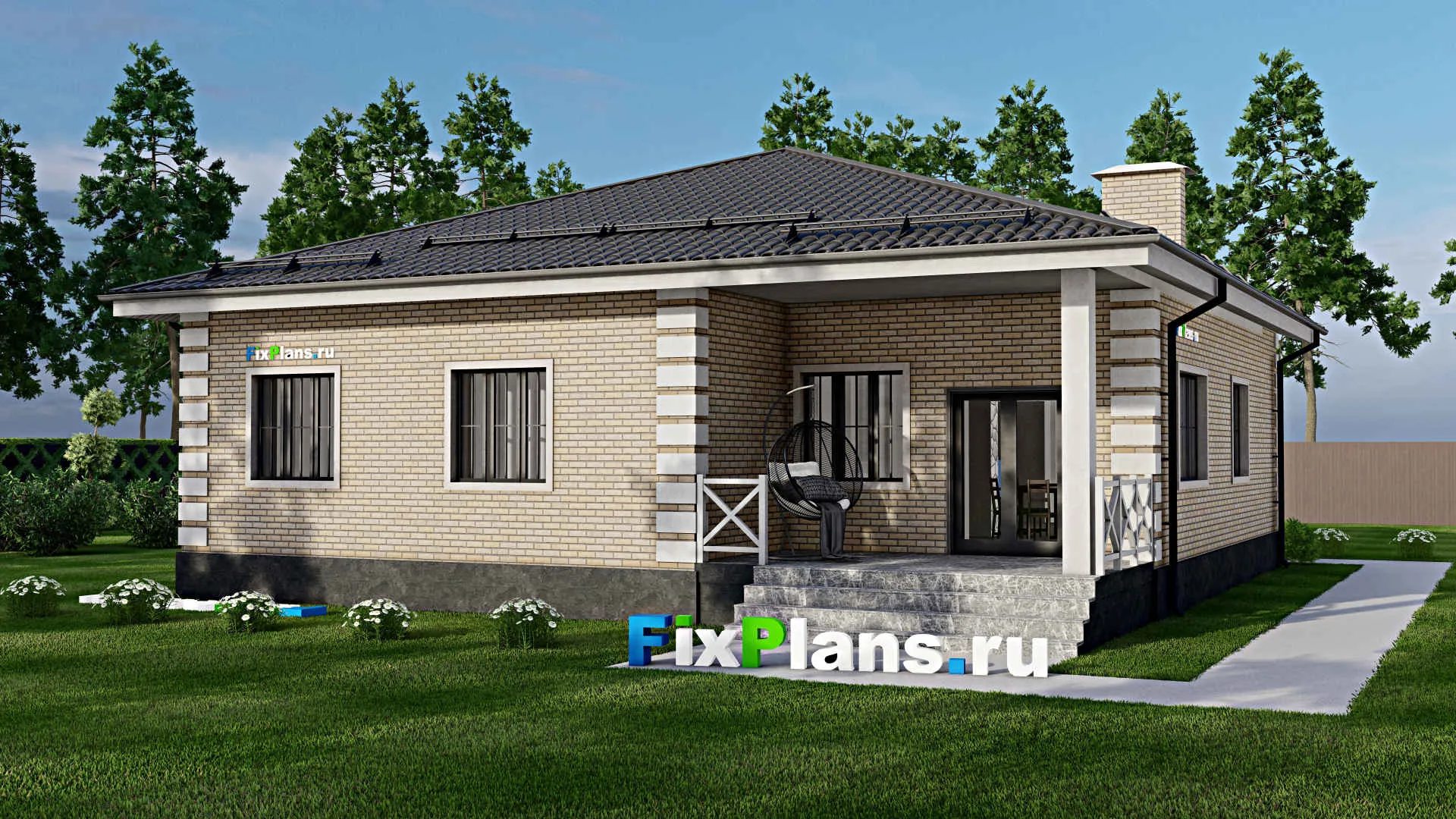 F-2654 - План одноэтажного дома 13 на 14, площадью 140 м² с террасой и 3 спальнями