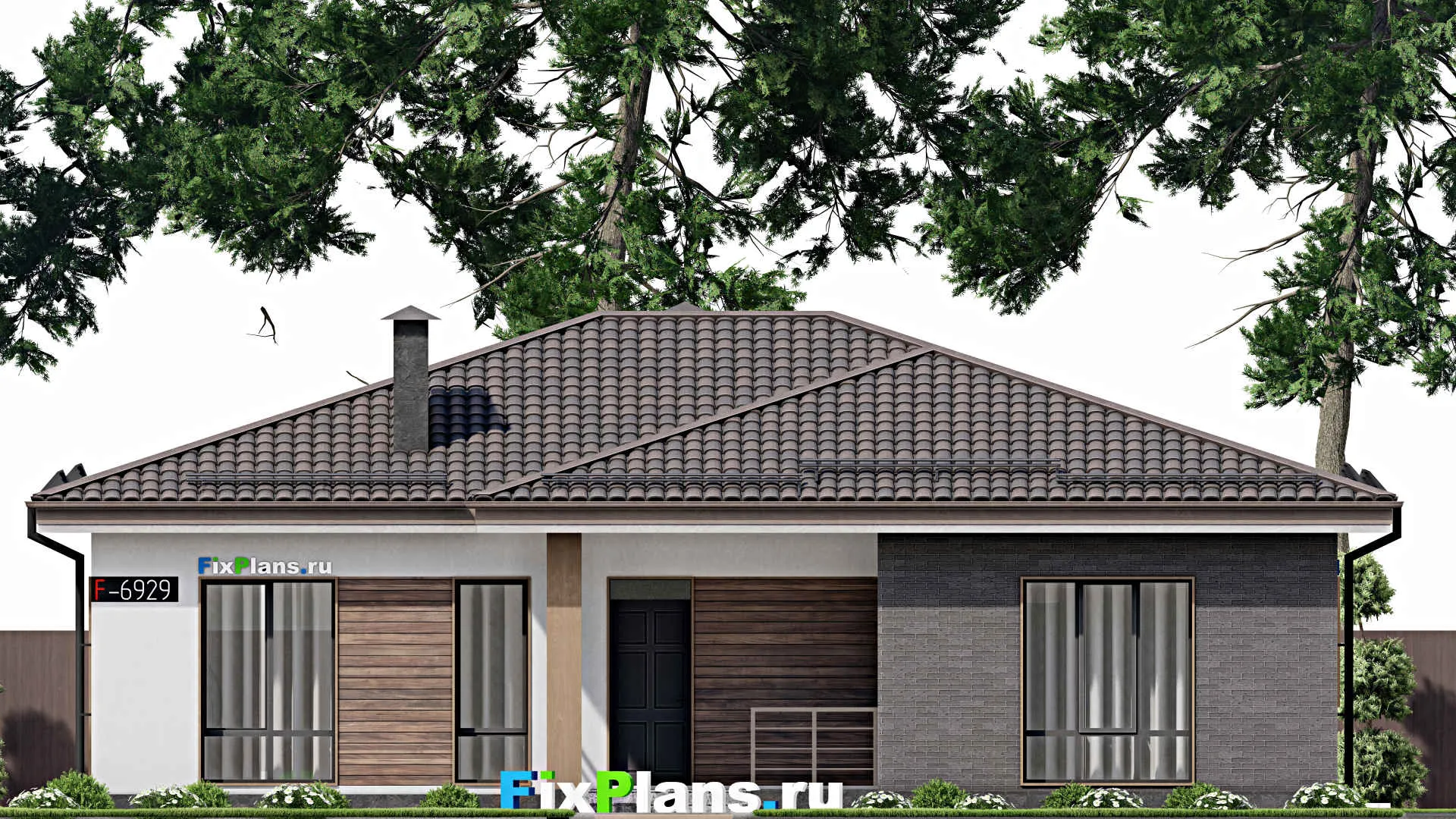 F-6929 - Проект одноэтажного дома 14 на 15, площадью 140 м² с террасой и 3 спальнями