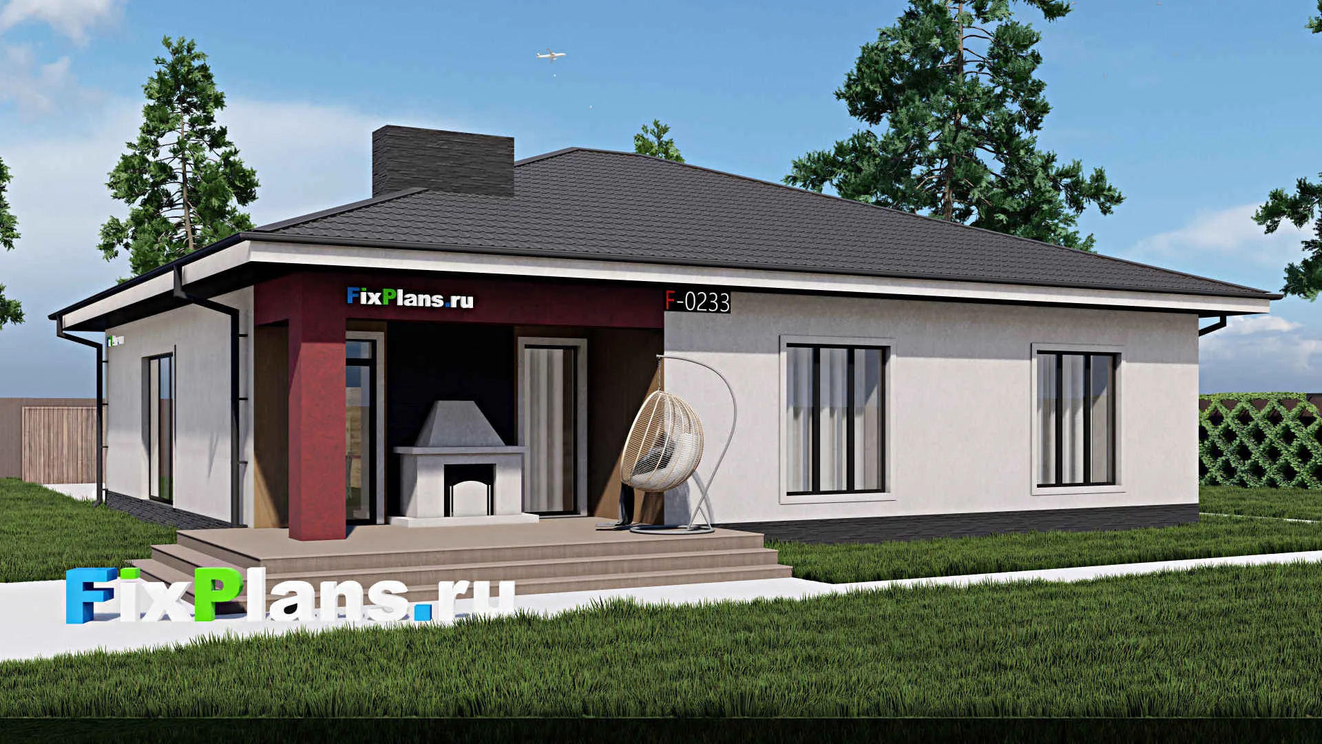 F-0233 - План одноэтажного дома 15 на 16, площадью 180 м² с террасой и 4 спальнями