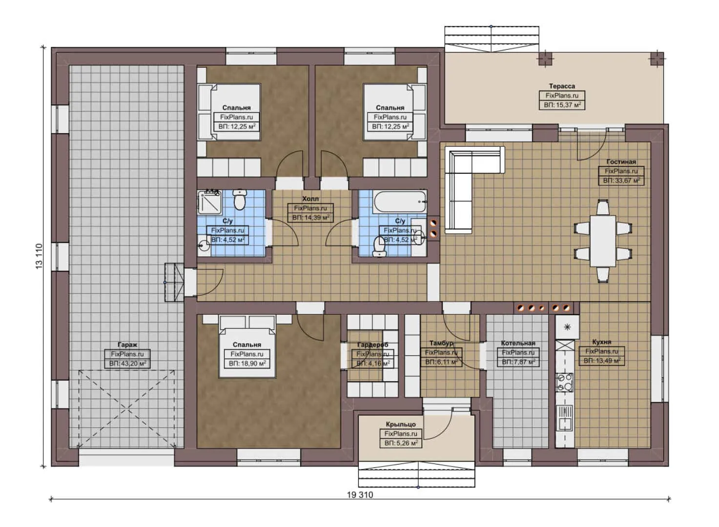 F-6947 - План одноэтажного дома 14 на 20, площадью 200 м² с террасой, гаражом на 2 машины и 3 спальнями