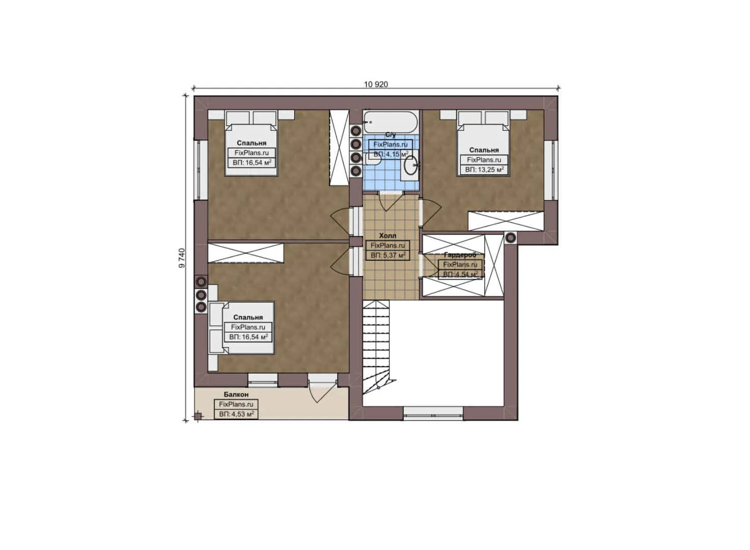F-8603 - Планы дома с мансардой 10 на 17, площадью 200 м² с террасой, балконом, гаражом на 1 машину, вторым светом и 4 спальнями