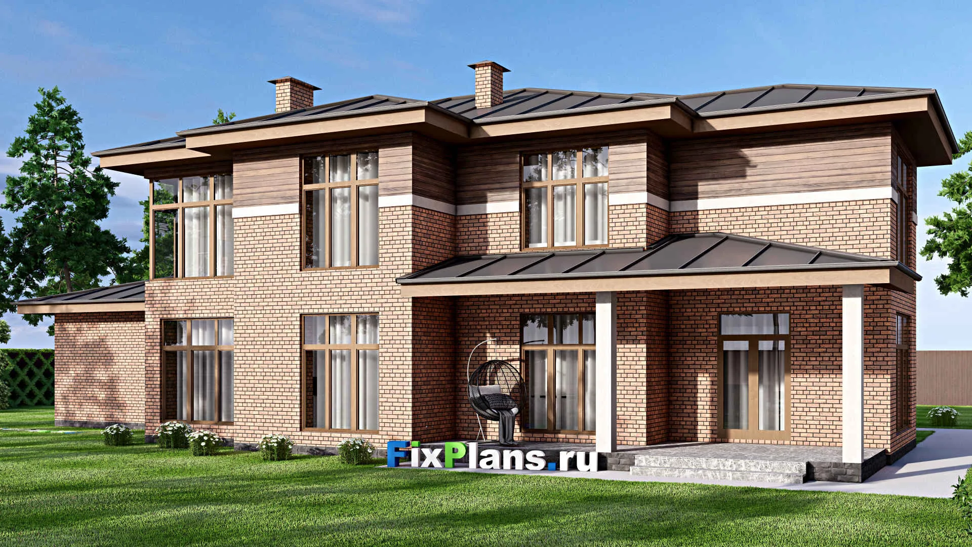 F-16991 - Планы двухэтажного дома 13 на 24, площадью 300 м² с террасой, гаражом на 2 машины и 3 спальнями