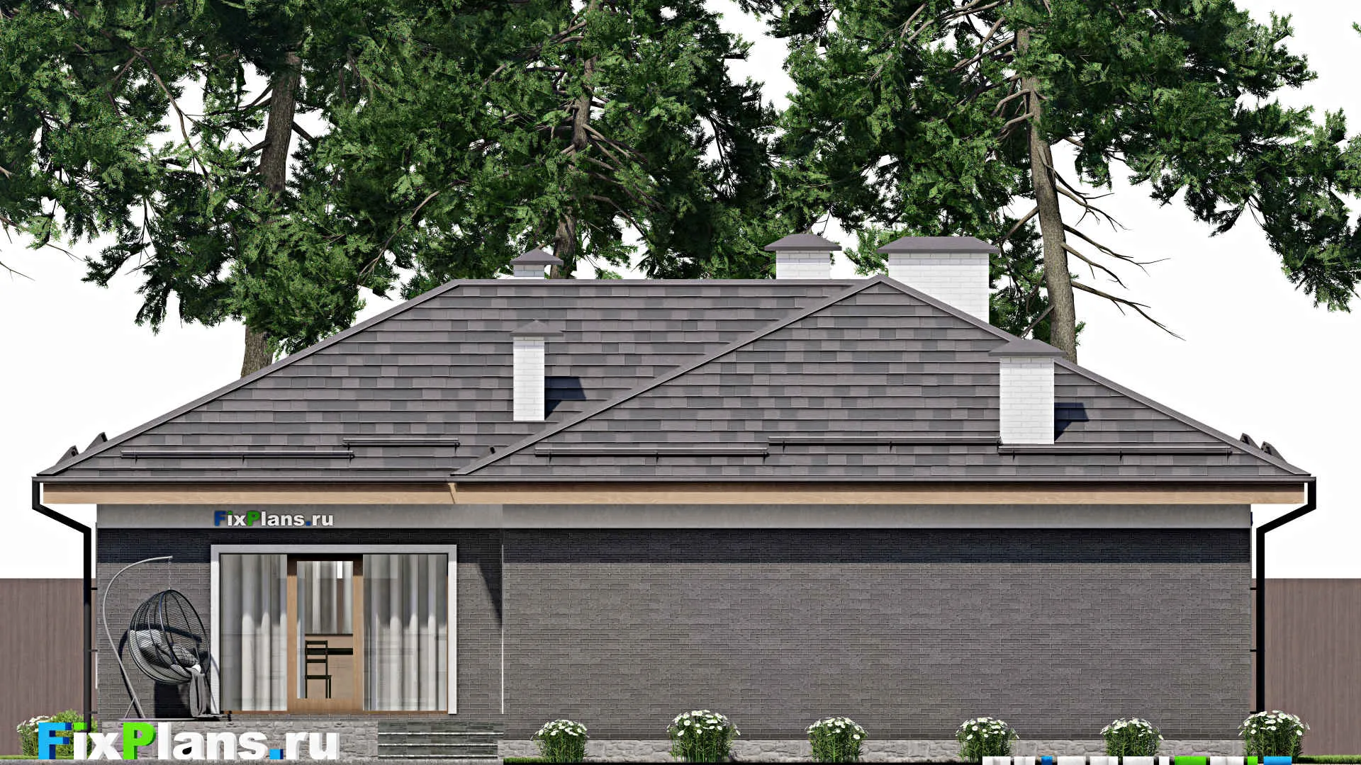 F-10214 - Проект одноэтажного дома 15 на 20, площадью 200 м² с террасой, гаражом на 2 машины и 3 спальнями