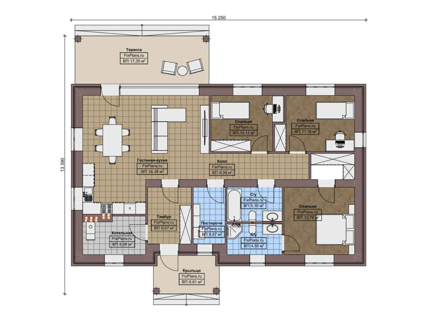 F-10790 - План одноэтажного дома 14 на 16, площадью 130 м² с террасой и 3 спальнями