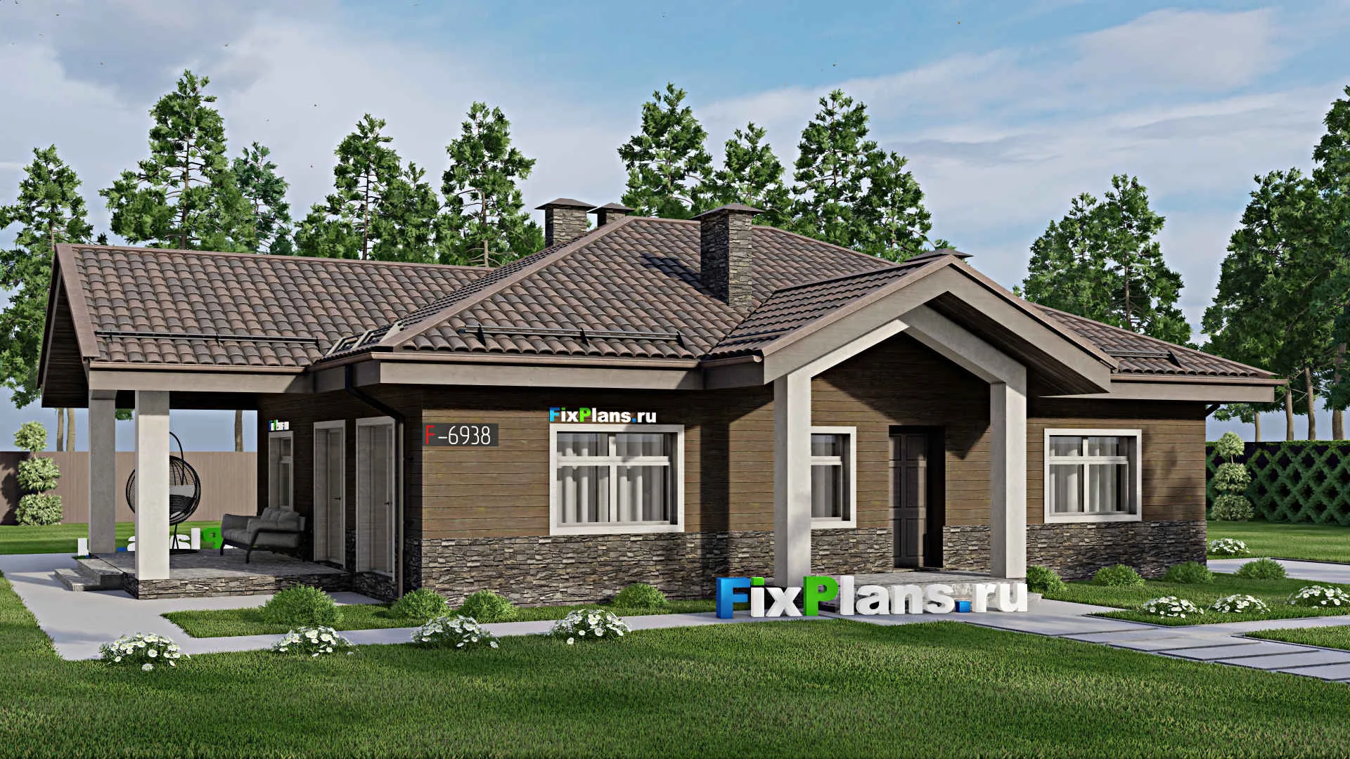 F-6938 - Проект одноэтажного дома 12 на 17, площадью 140 м² с террасой, баней и 3 спальнями