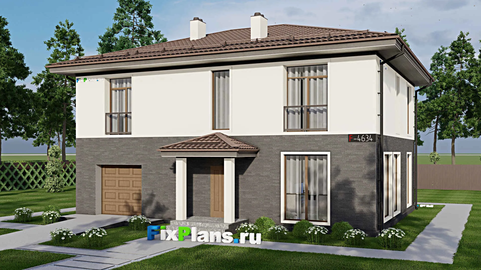 F-4634 - Проект двухэтажного дома 11 на 14, площадью 240 м² с гаражом на 1 машину и 5 спальнями